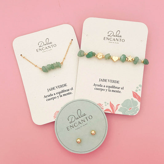 Set Cadena Jade Verde + Pulsera Jade Verde Elástica + Topos