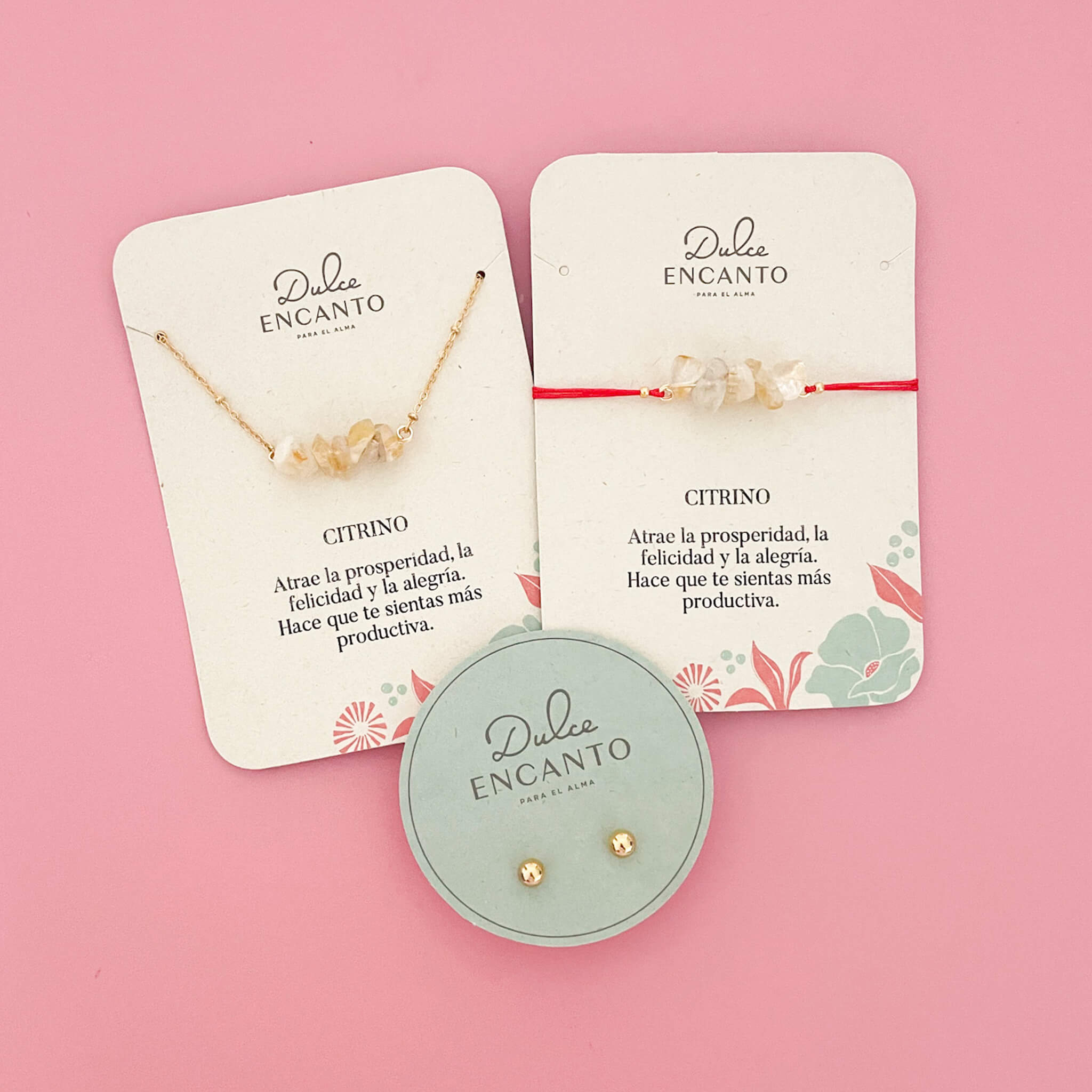 Set Cadena Citrino + Pulsera Citrino Hilo Rojo + Topos
