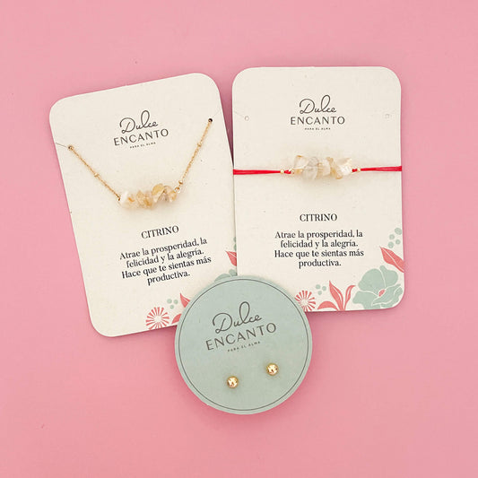 Set Cadena Citrino + Pulsera Citrino Hilo Rojo + Topos