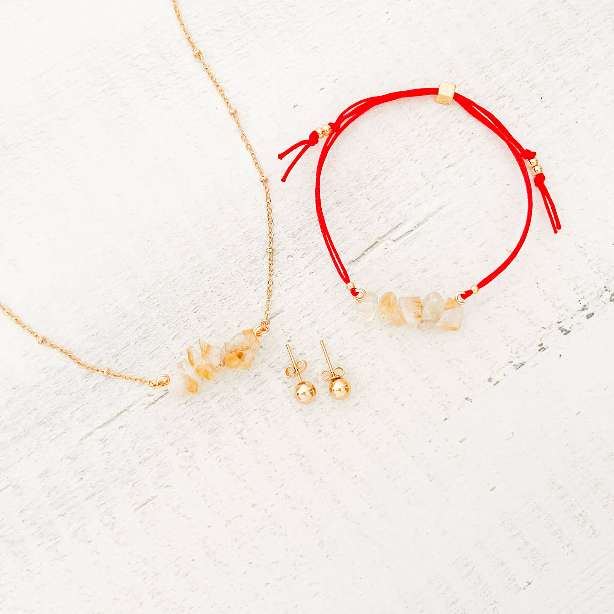 Set Cadena Citrino + Pulsera Citrino Hilo Rojo + Topos