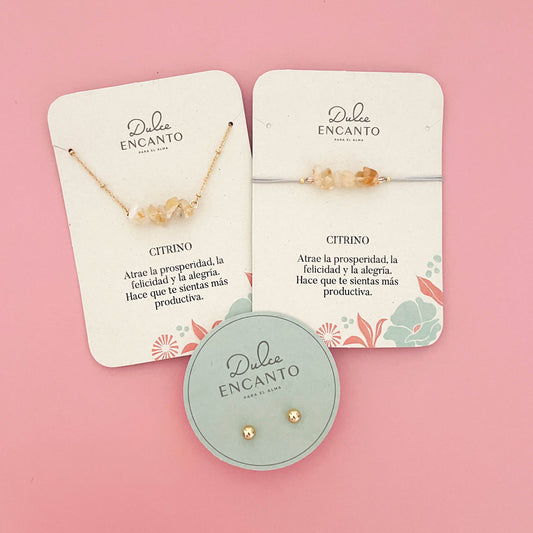 Set Cadena Citrino + Pulsera Citrino Hilo Gris + Topos