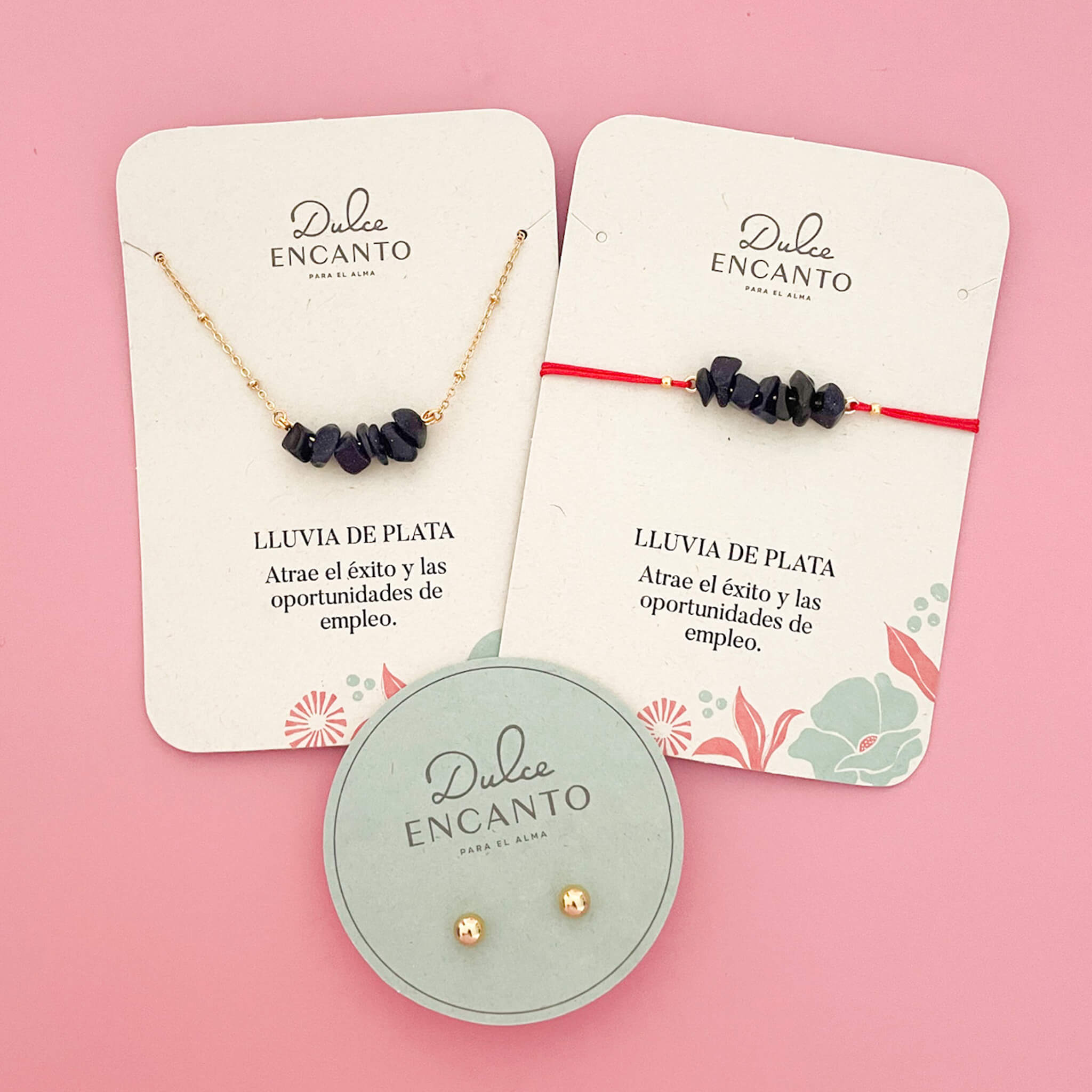 Set Cadena Lluvia de Plata + Pulsera Lluvia de Plata Hilo Rojo + Topos