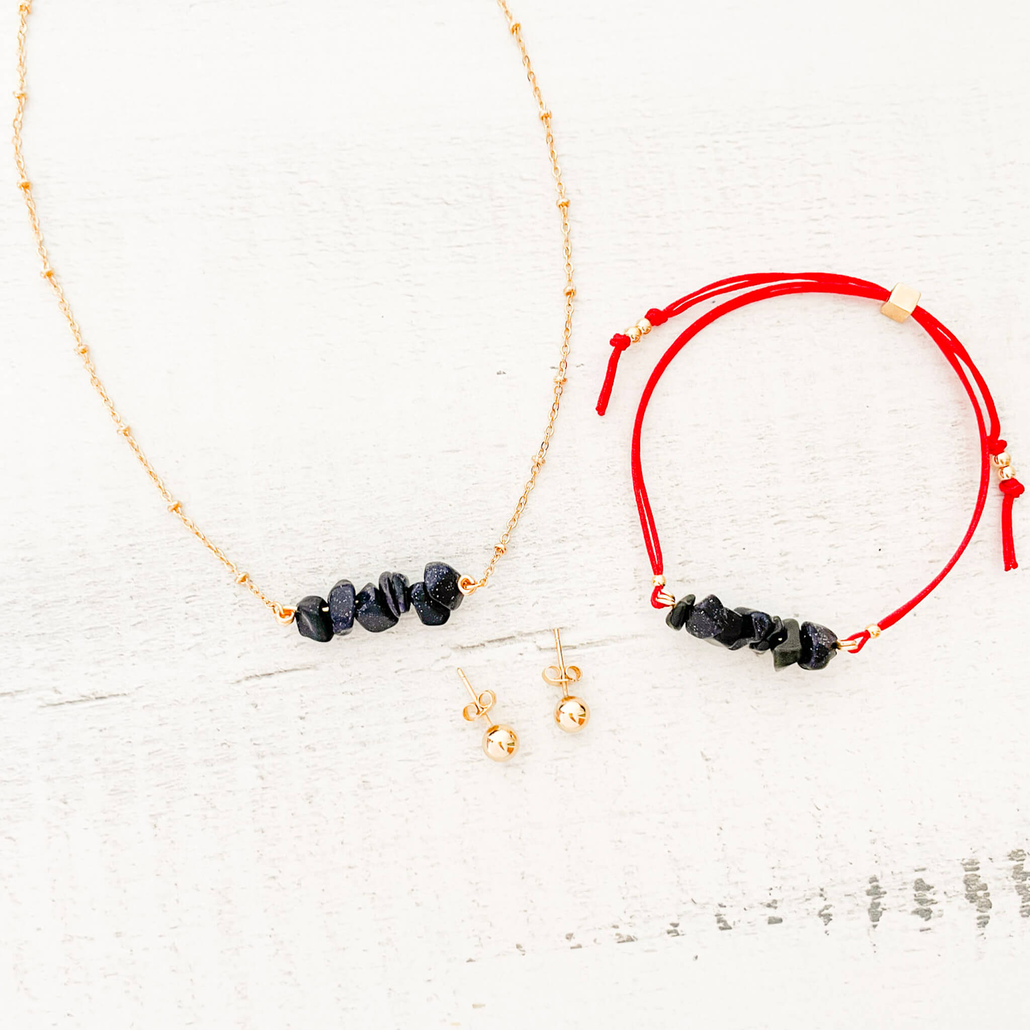 Set Cadena Lluvia de Plata + Pulsera Lluvia de Plata Hilo Rojo + Topos