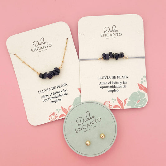 Set Cadena Lluvia de Plata + Pulsera Lluvia de Plata Hilo Gris + Topos