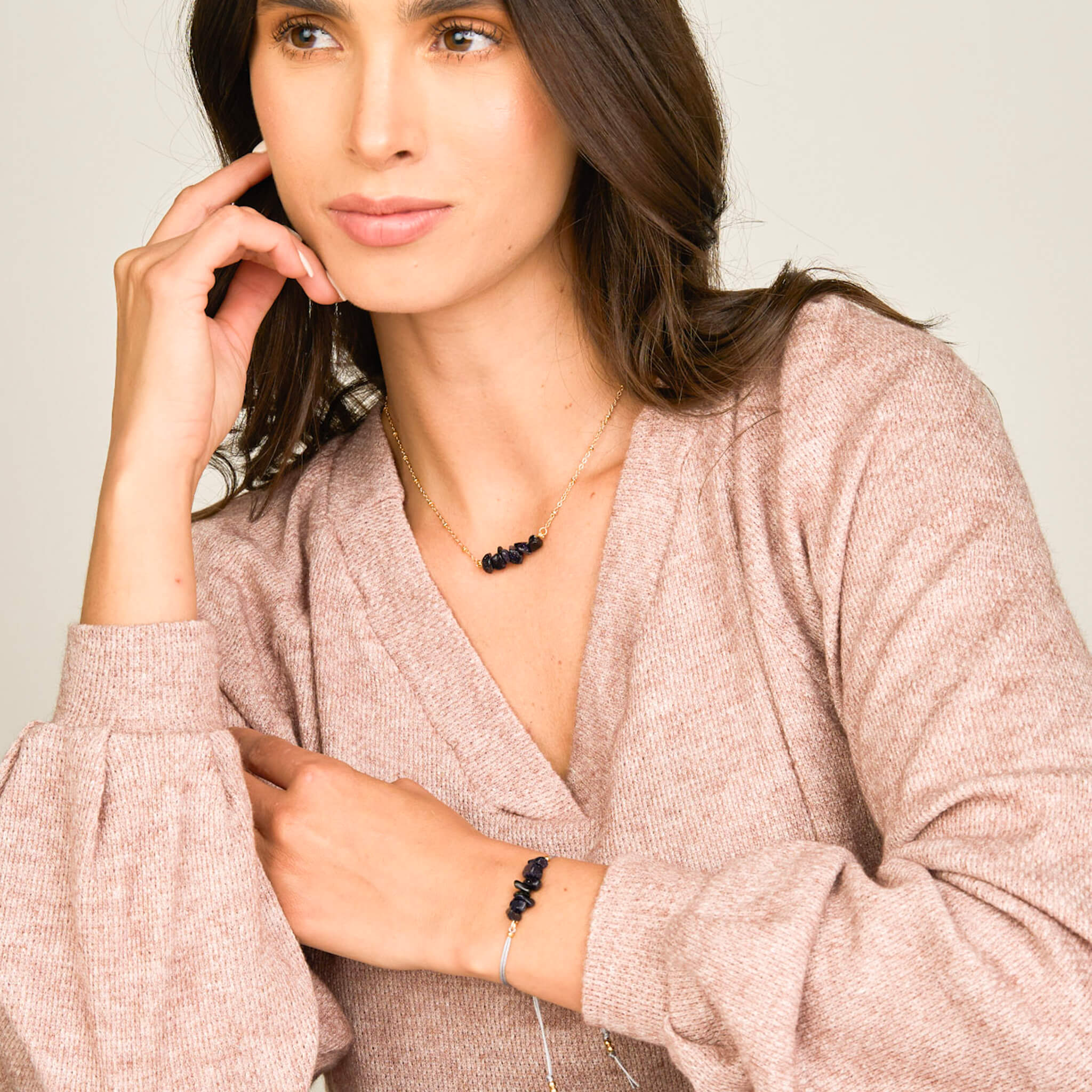 Set Cadena Lluvia de Plata + Pulsera Lluvia de Plata Hilo Gris + Topos