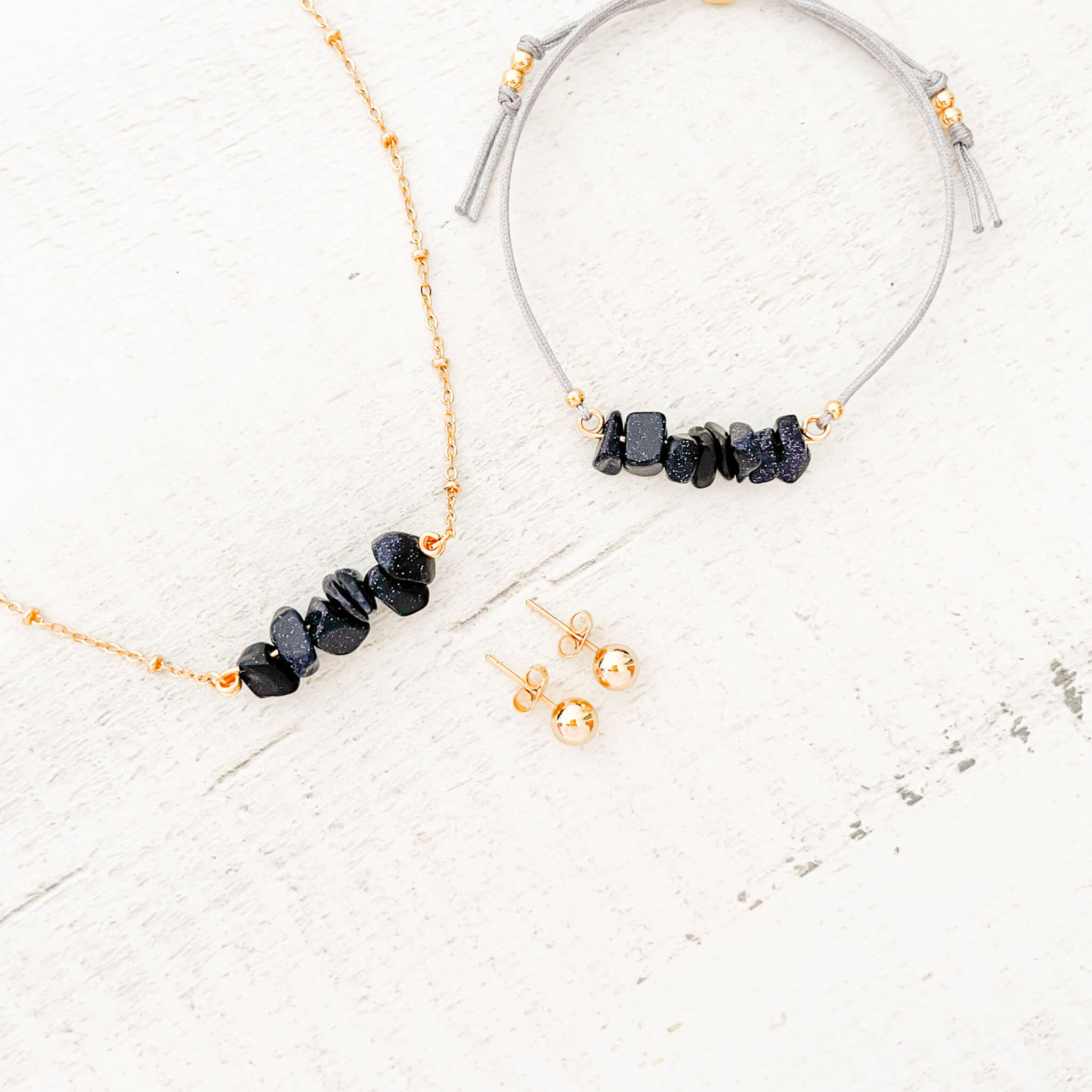 Set Cadena Lluvia de Plata + Pulsera Lluvia de Plata Hilo Gris + Topos