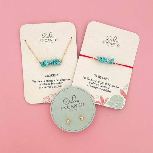 Set Cadena Turquesa + Pulsera Turquesa Hilo Rojo + Topos