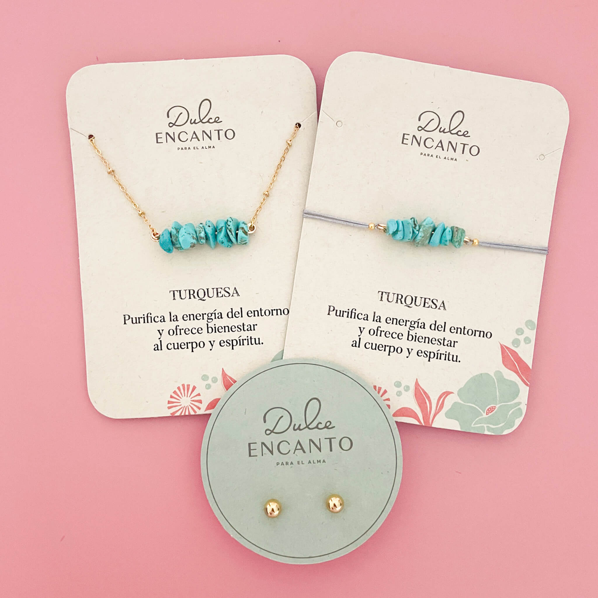 Set Cadena Turquesa + Pulsera Turquesa Hilo Gris + Topos