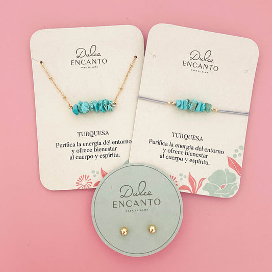 Set Cadena Turquesa + Pulsera Turquesa Hilo Gris + Topos