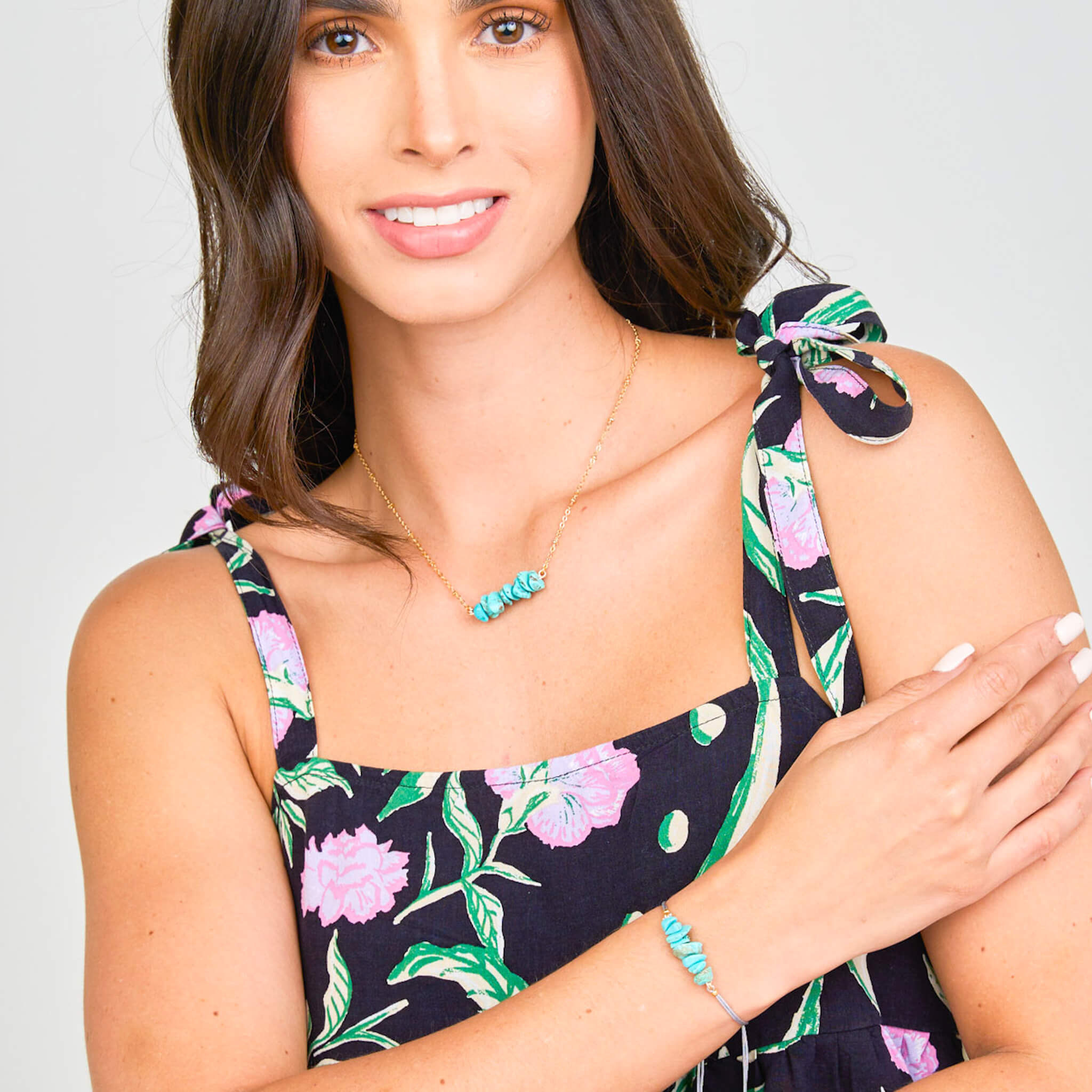 Set Cadena Turquesa + Pulsera Turquesa Hilo Gris + Topos