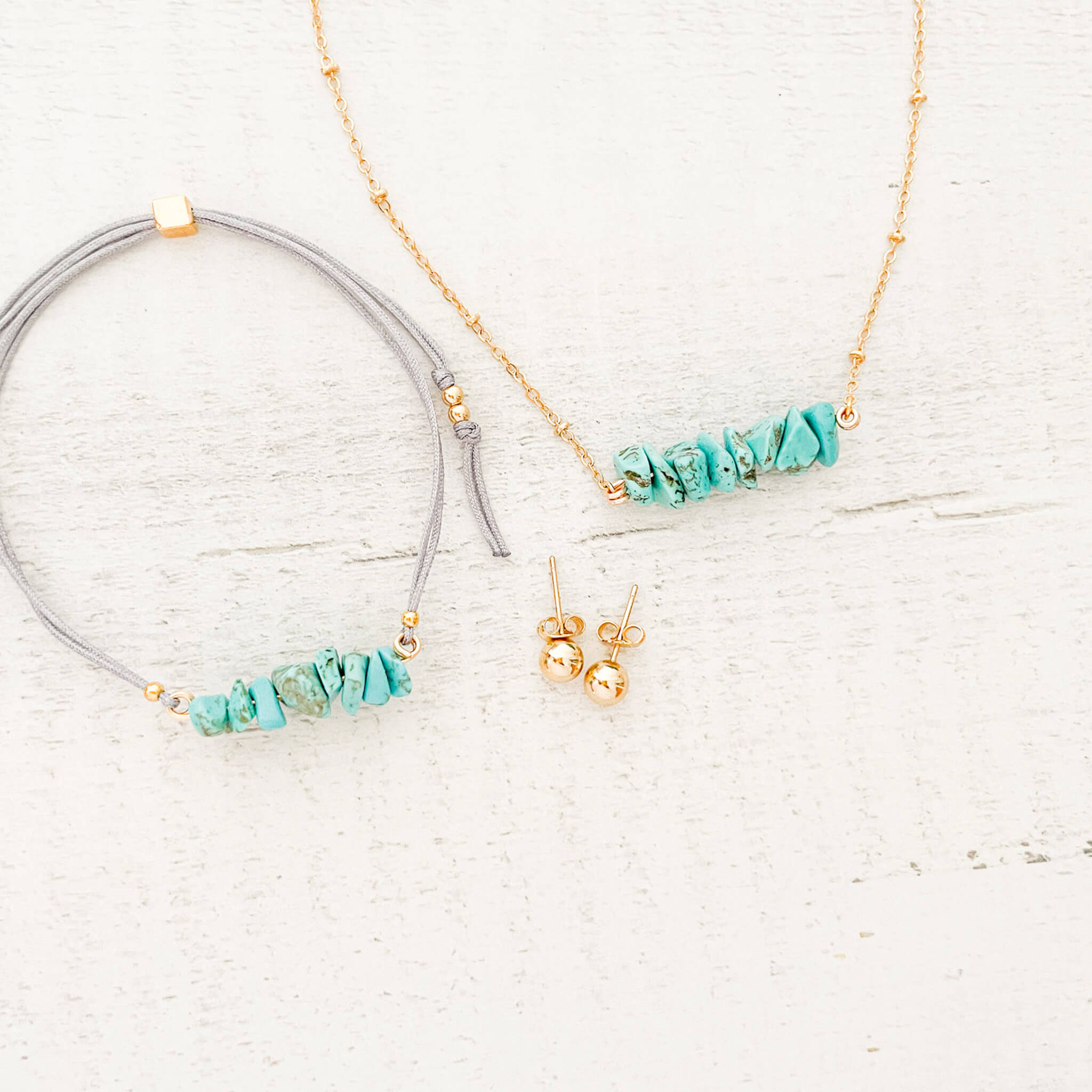 Set Cadena Turquesa + Pulsera Turquesa Hilo Gris + Topos