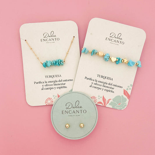 Set Cadena Turquesa + Pulsera Turquesa Elástica + Topos