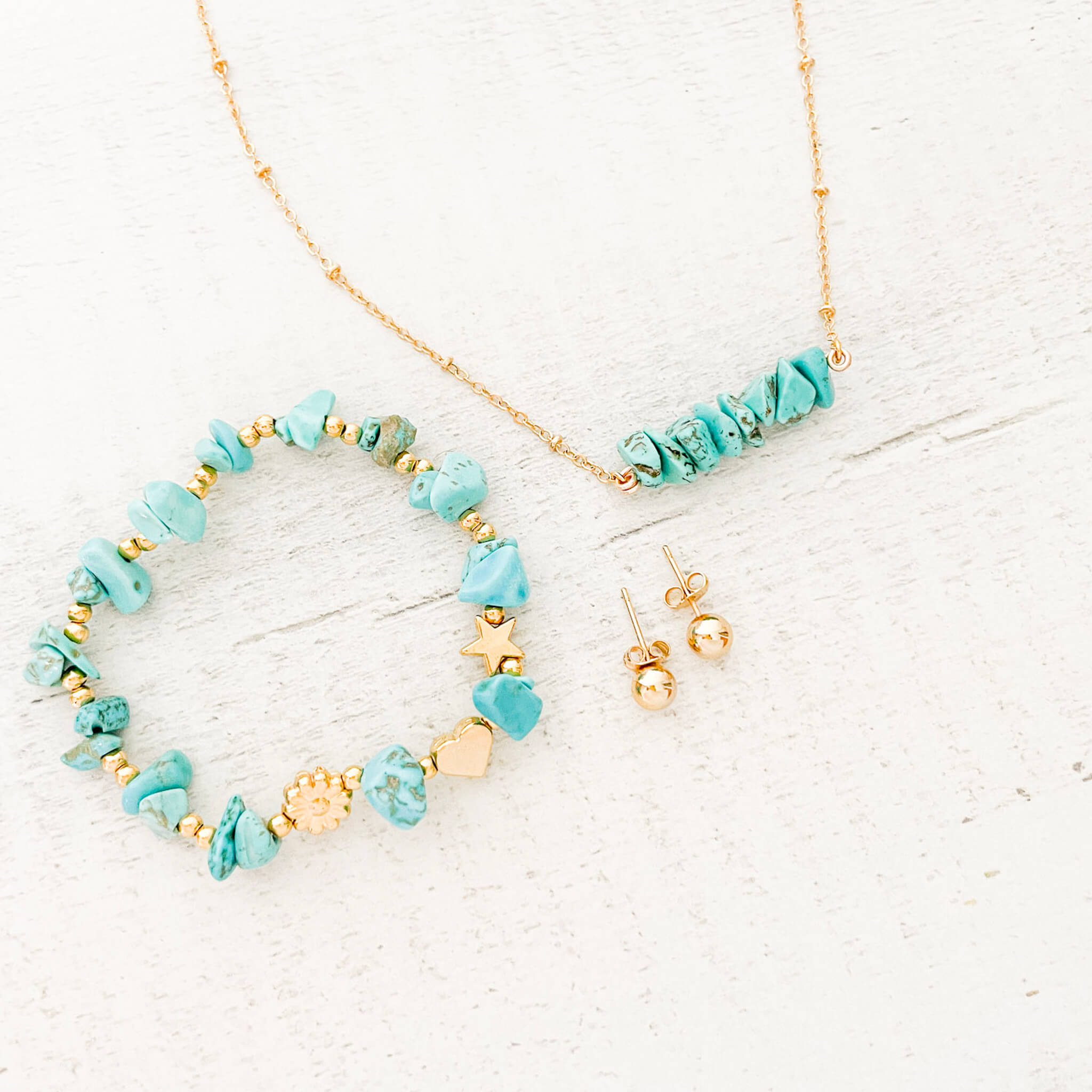 Set Cadena Turquesa + Pulsera Turquesa Elástica + Topos