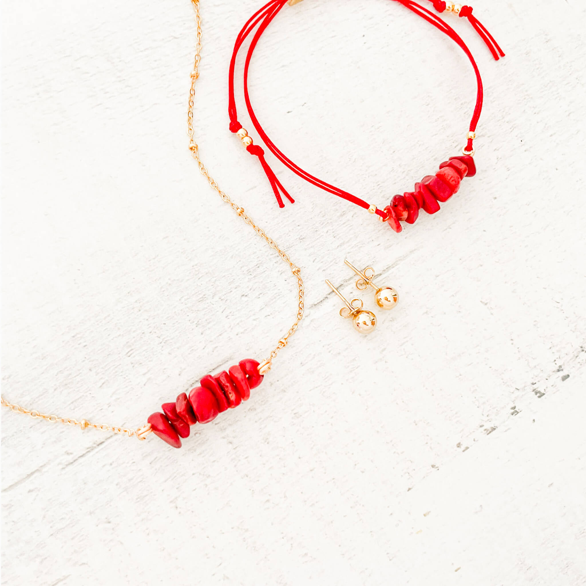 Set Cadena Coral Rojo + Pulsera Coral Rojo Hilo Rojo + Topos