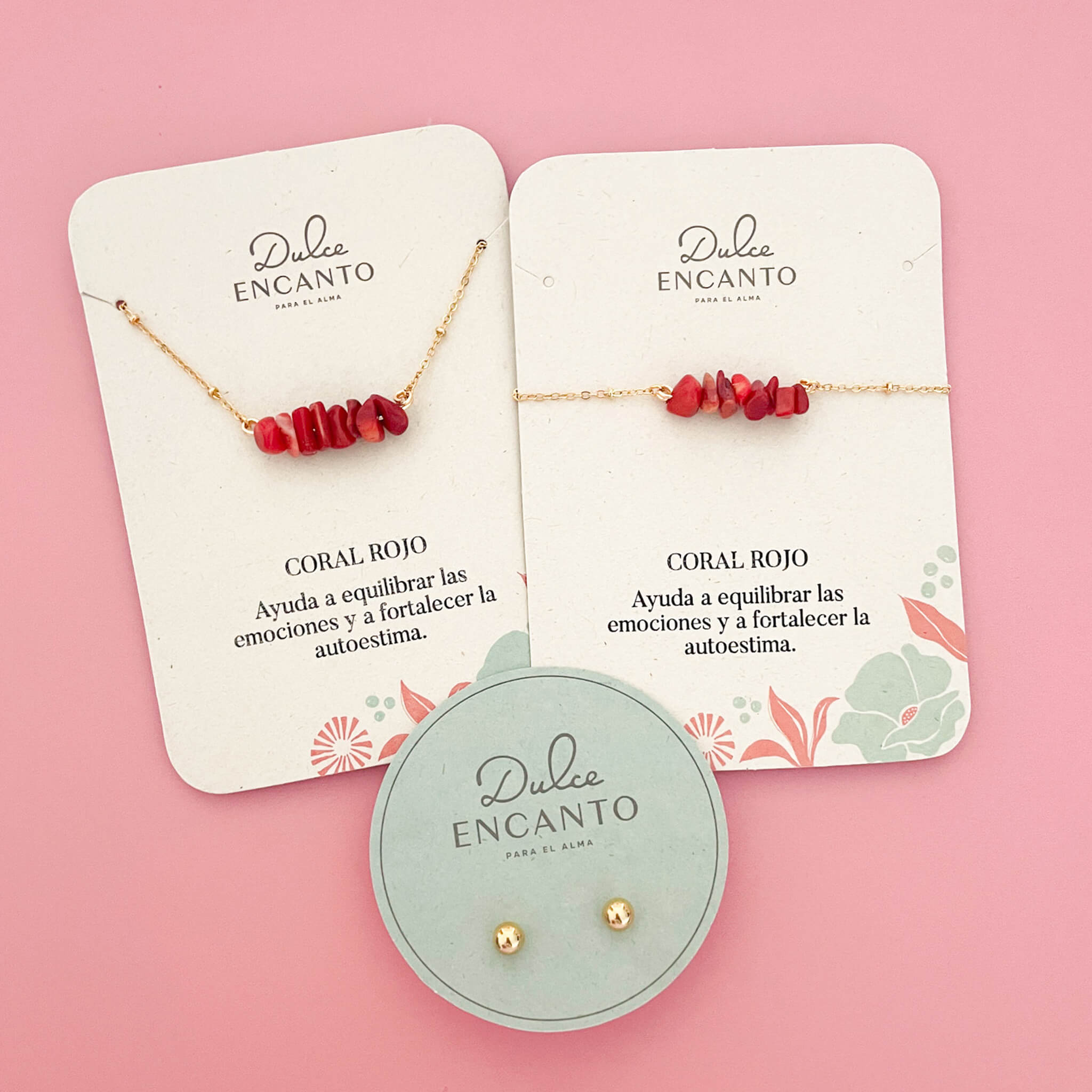 Set Cadena Coral Rojo + Pulsera Coral Rojo Broche + Topos