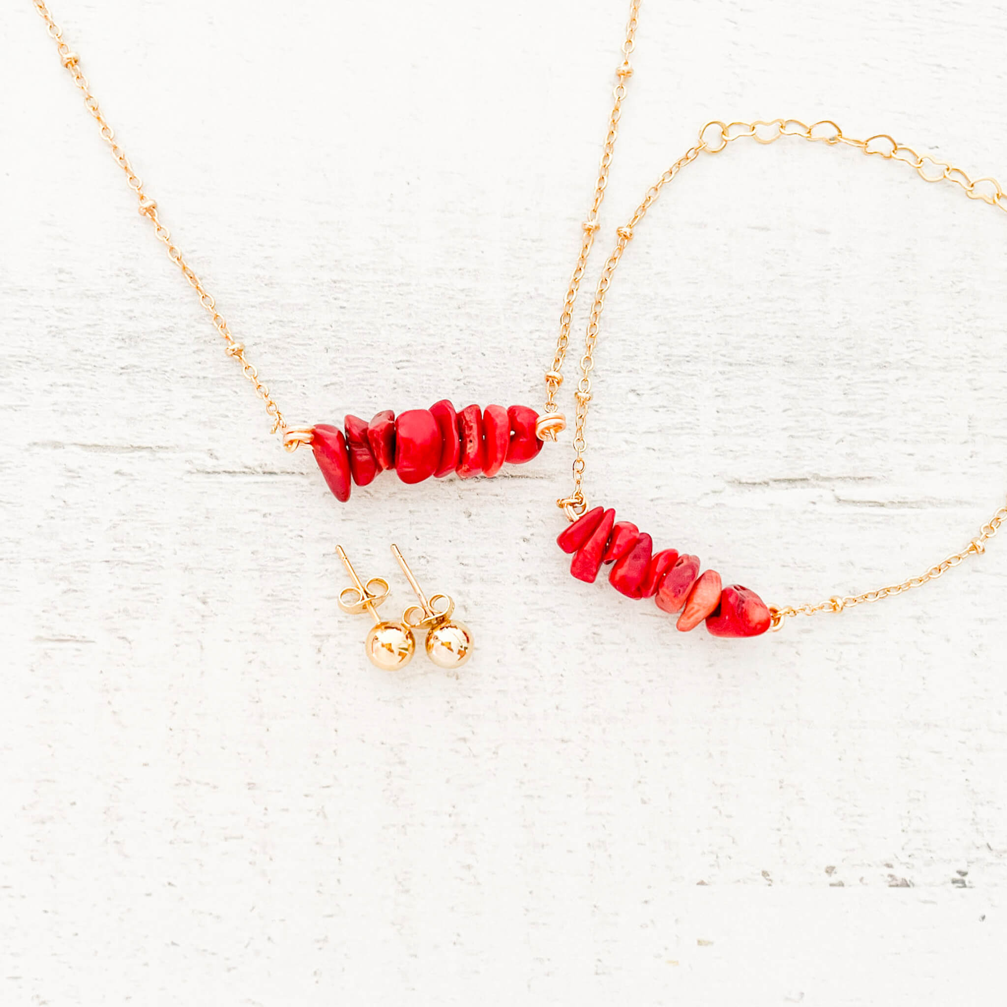 Set Cadena Coral Rojo + Pulsera Coral Rojo Broche + Topos