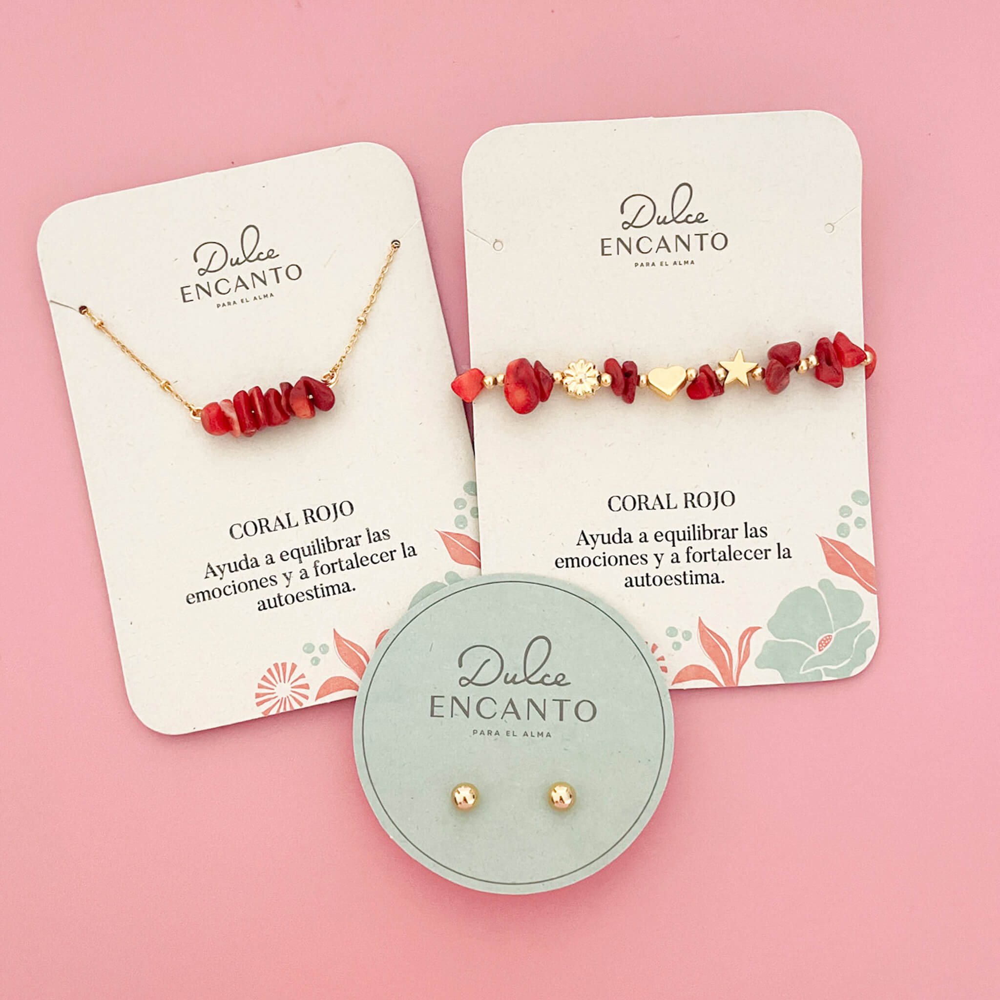 Set Cadena Coral Rojo + Pulsera Coral Rojo Elástica + Topos