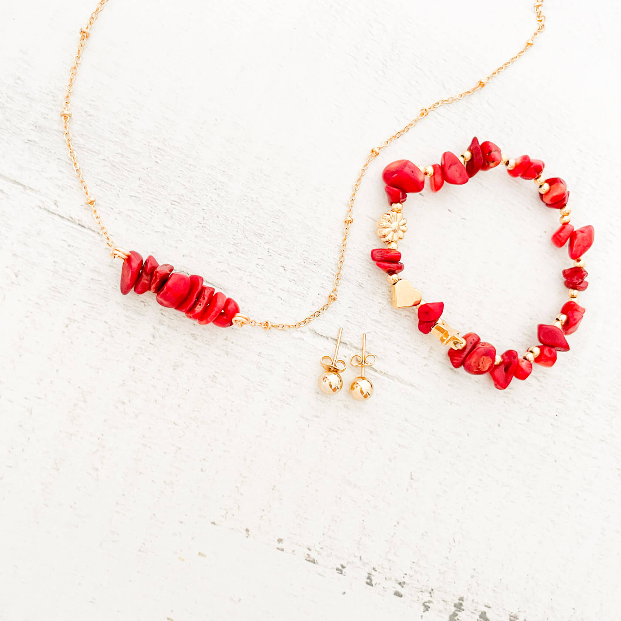 Set Cadena Coral Rojo + Pulsera Coral Rojo Elástica + Topos