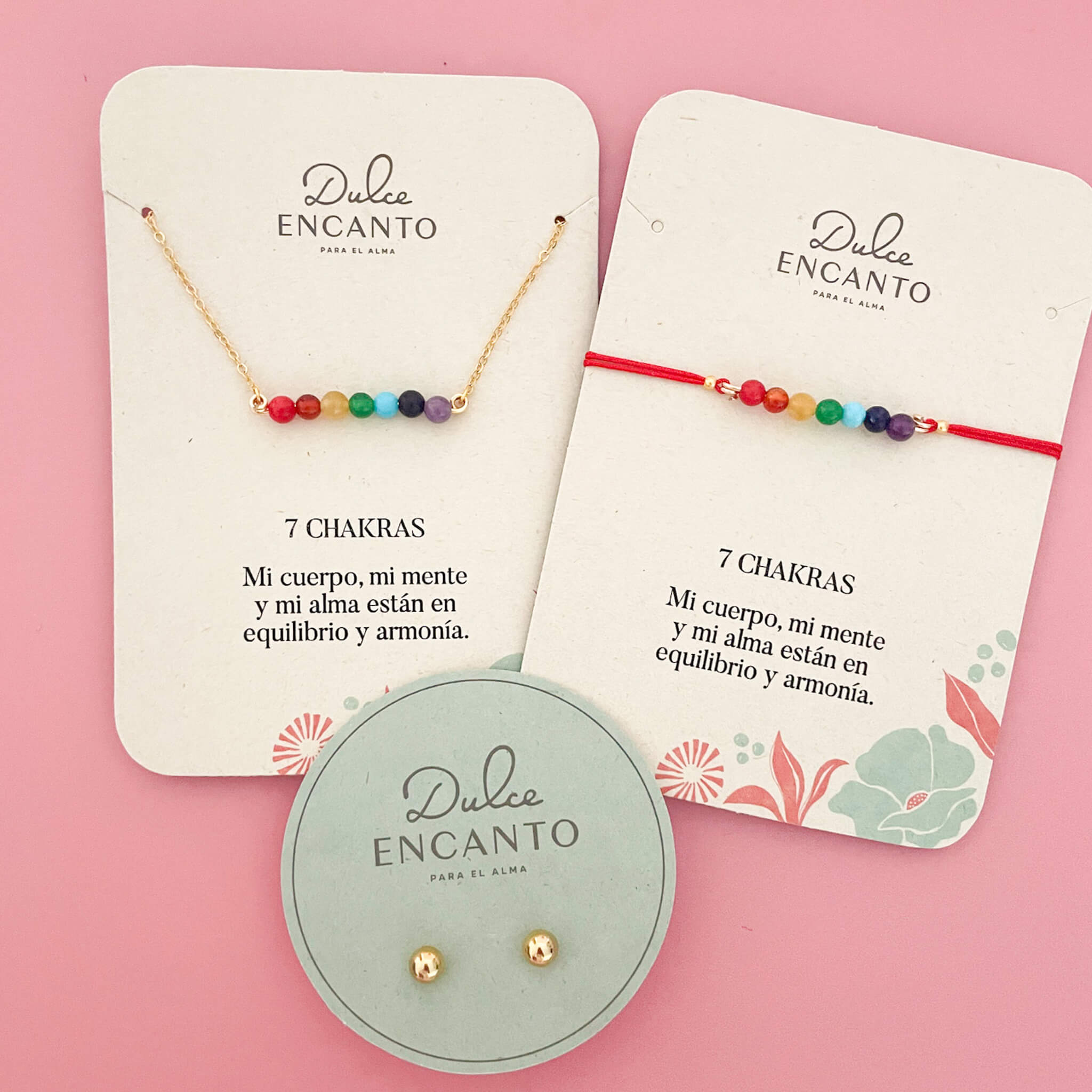 Set Cadena 7 Chakras + Pulsera 7 Chakras Hilo Rojo + Topos