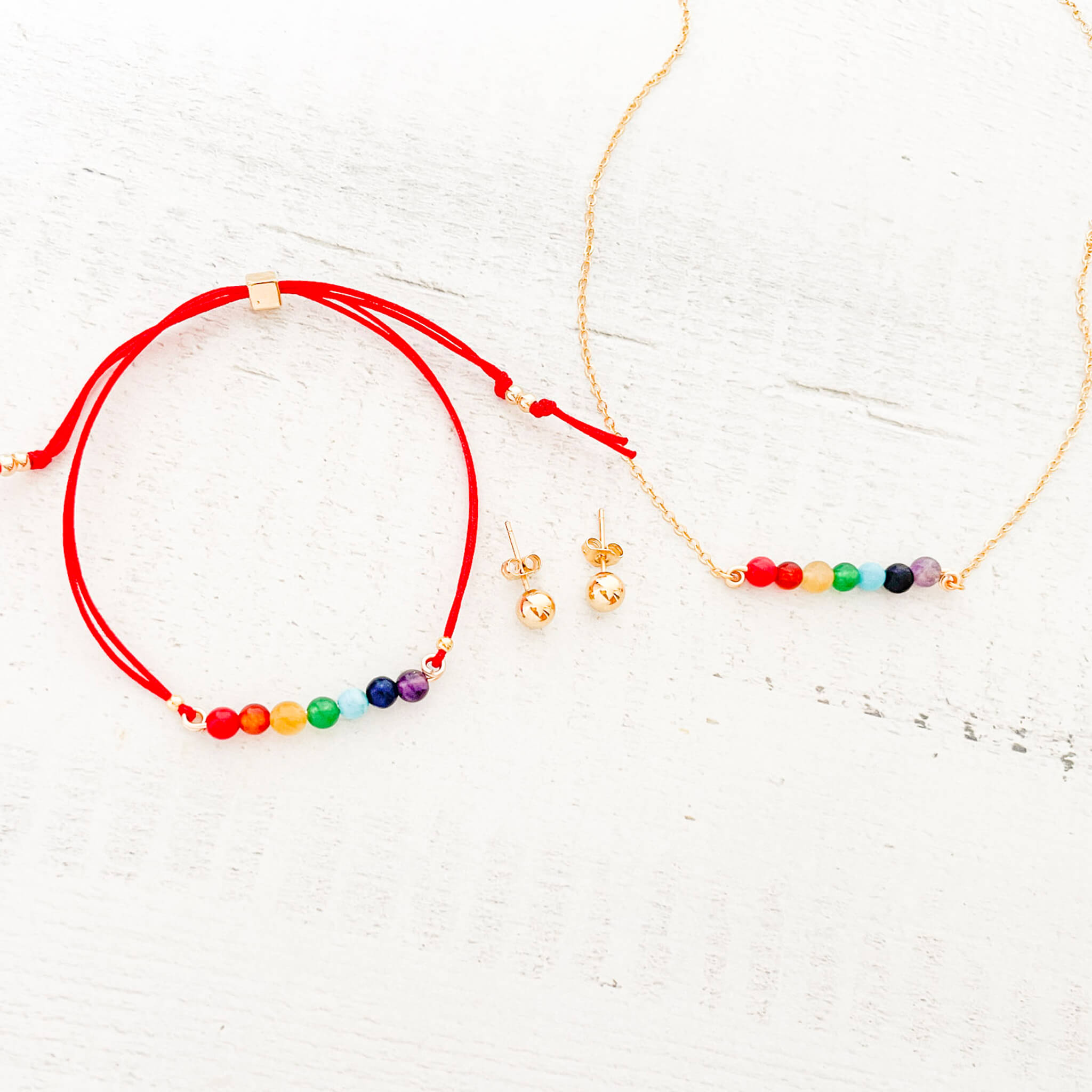 Set Cadena 7 Chakras + Pulsera 7 Chakras Hilo Rojo + Topos