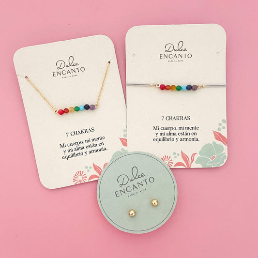 Set Cadena 7 Chakras + Pulsera 7 Chakras Hilo Gris + Topos