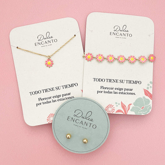 Set Cadena Margarita + Pulsera Margaritas Magentas + Topos