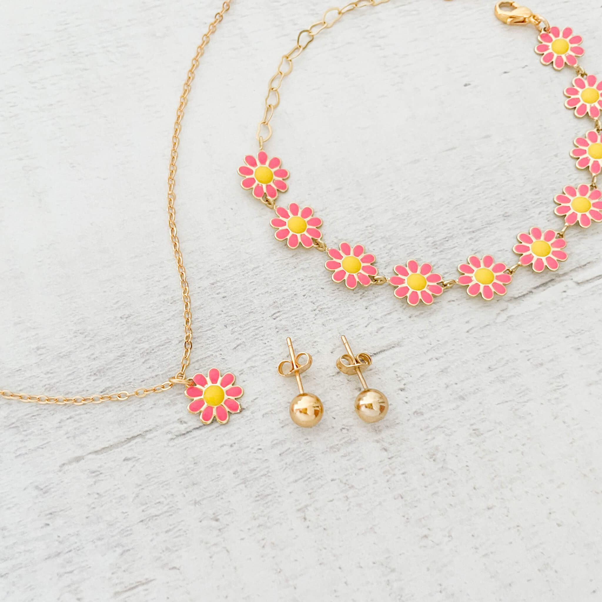 Set Cadena Margarita + Pulsera Margaritas Magentas + Topos