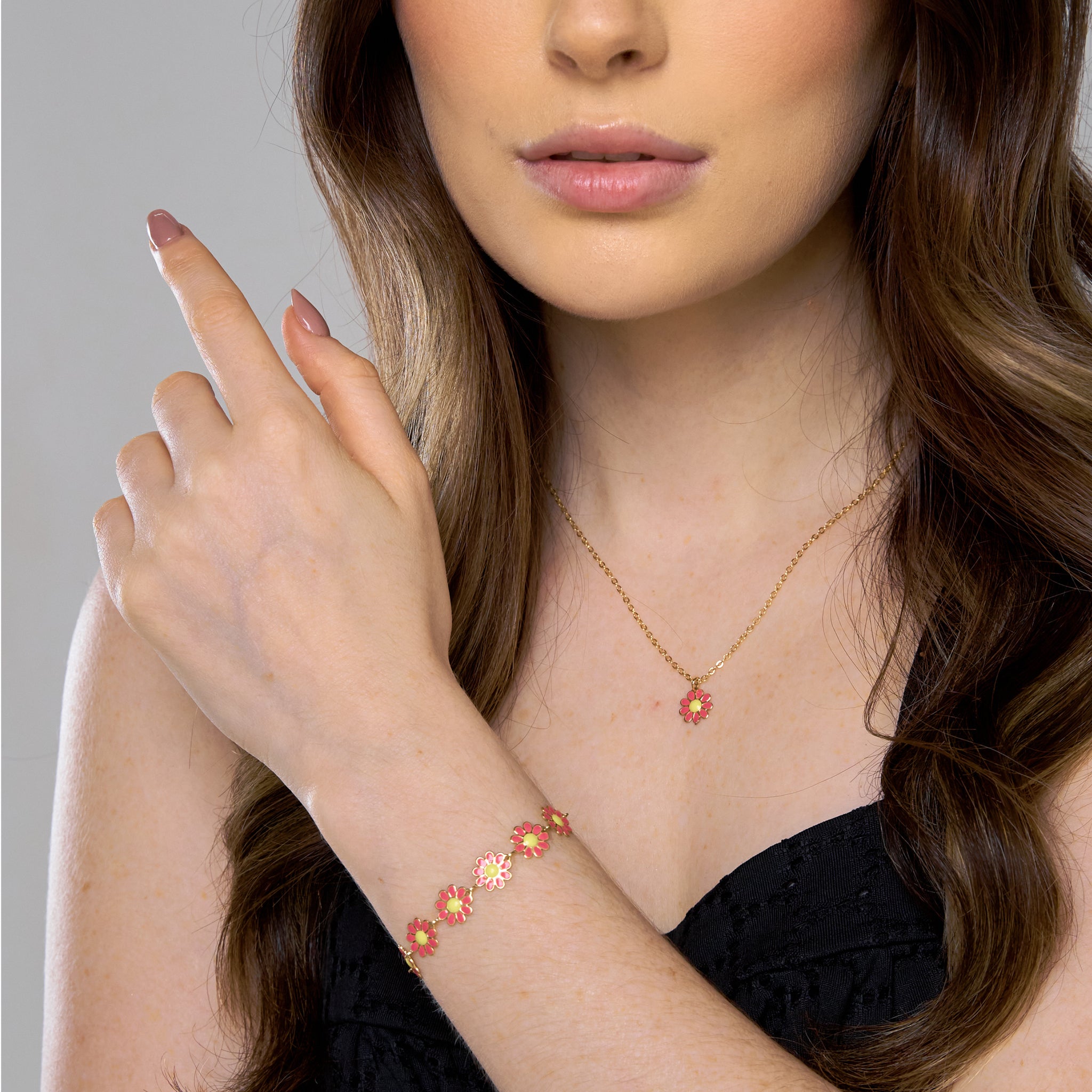 Set Cadena Margarita + Pulsera Margaritas Magentas + Topos