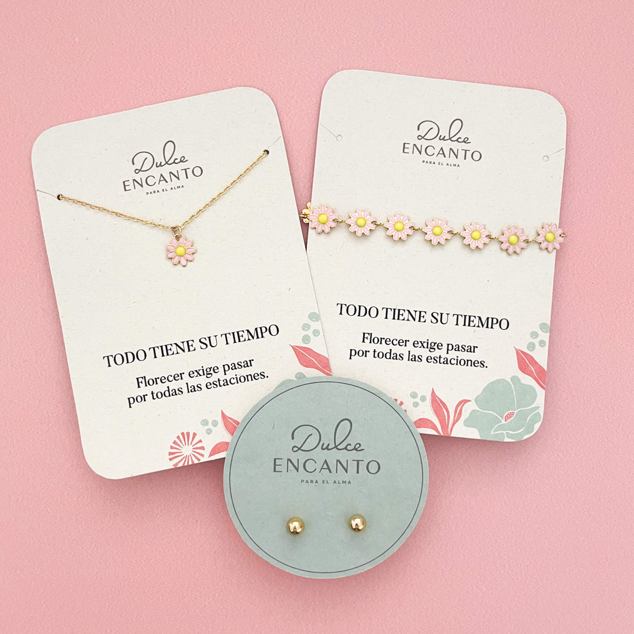 Set Cadena Margarita + Pulsera Margaritas Rosadas + Topos