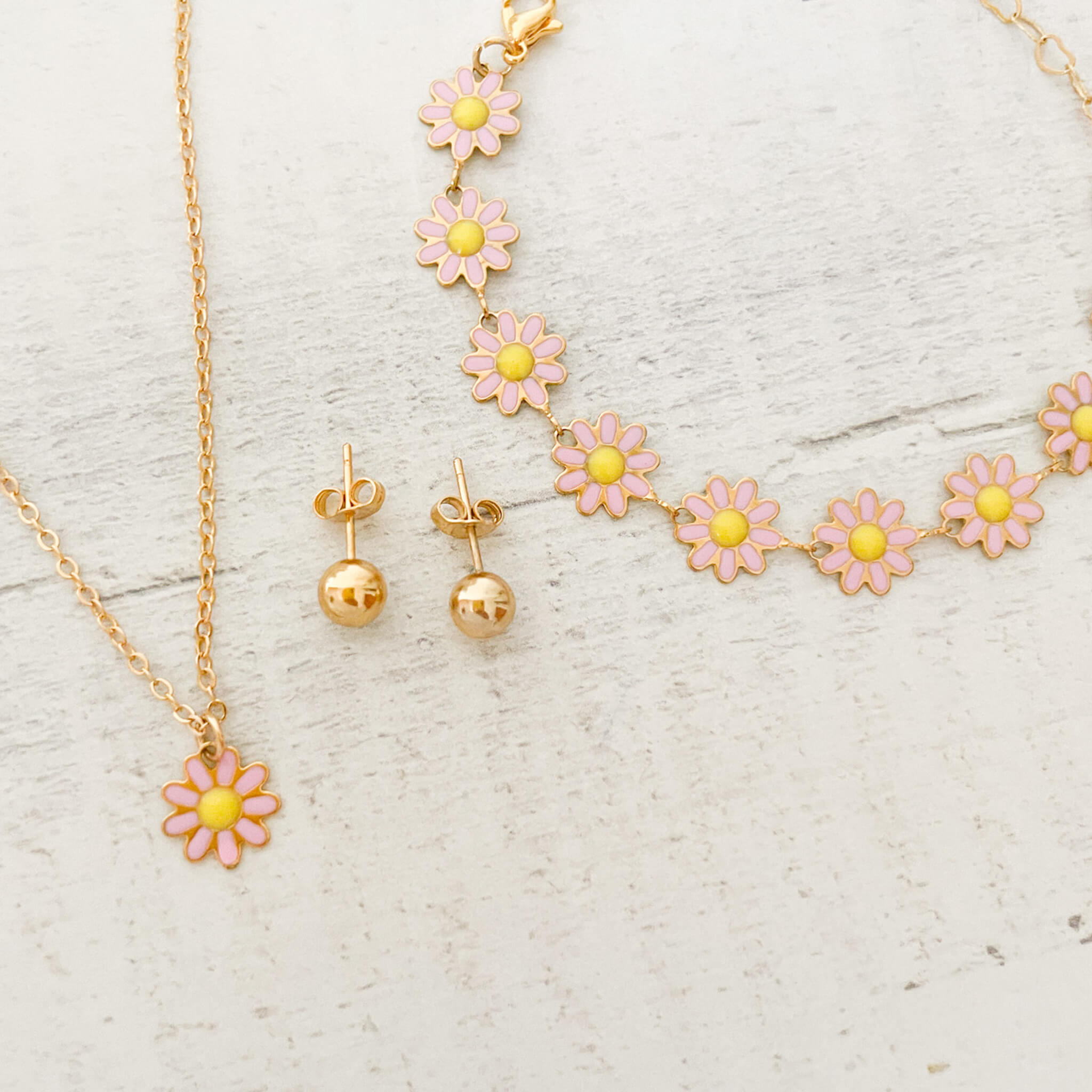 Set Cadena Margarita + Pulsera Margaritas Rosadas + Topos