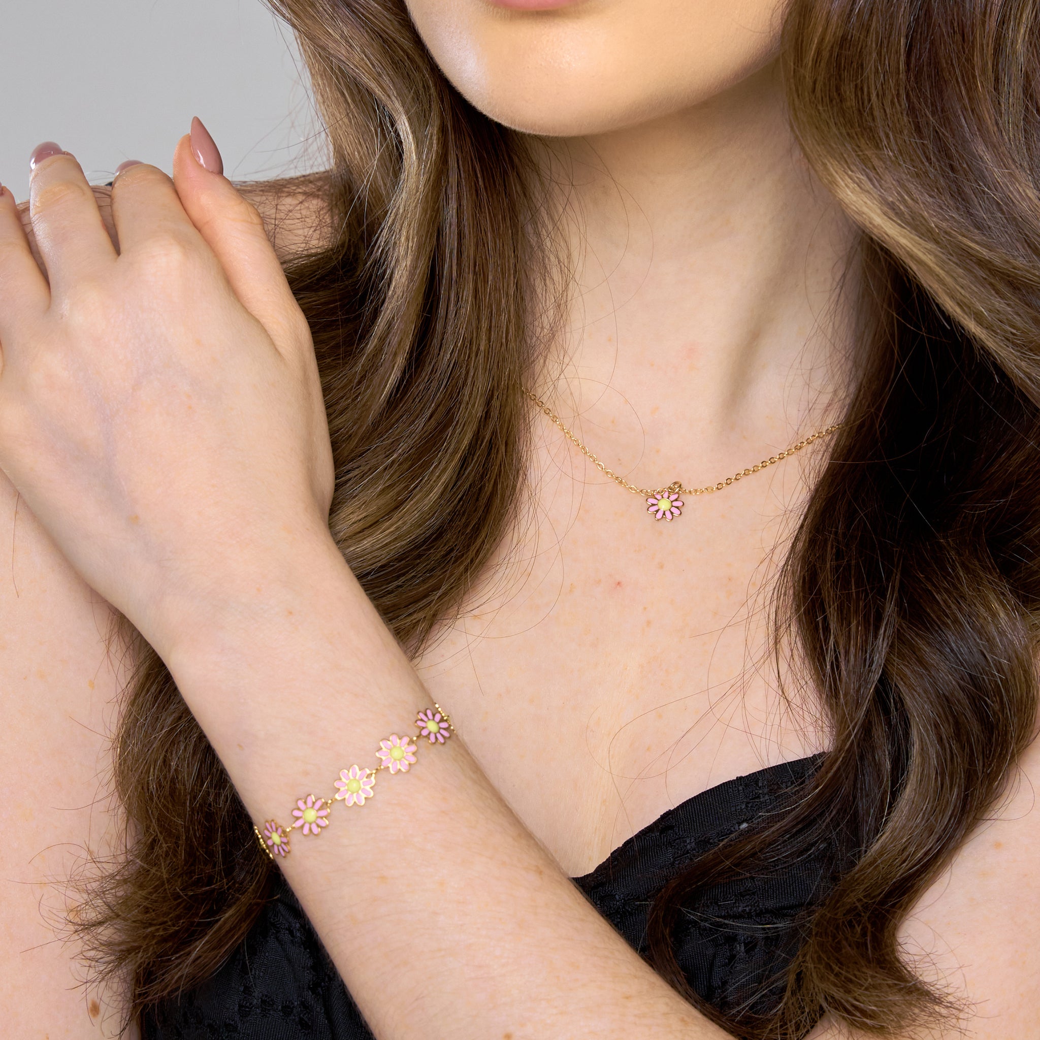 Set Cadena Margarita + Pulsera Margaritas Rosadas + Topos