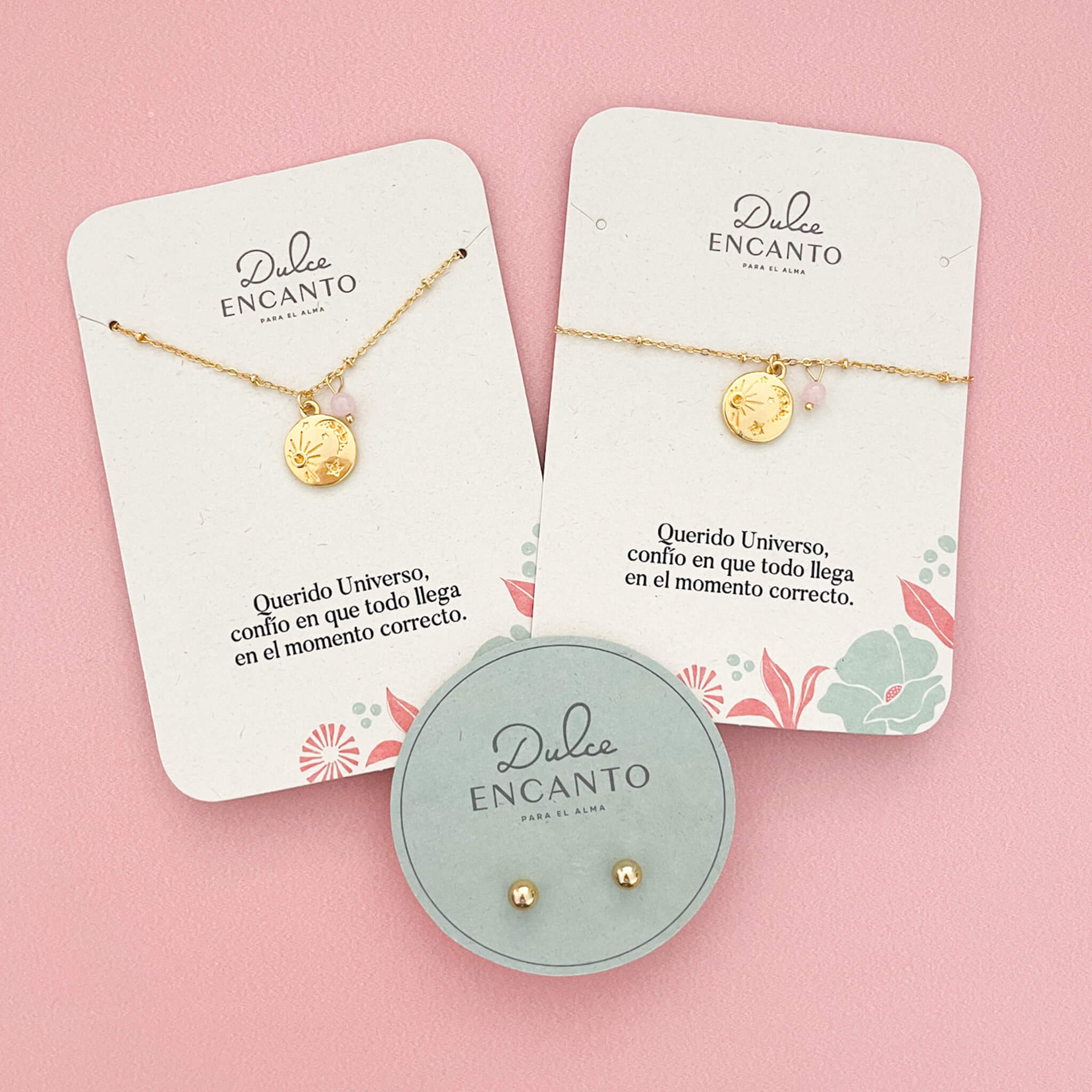 Set Cadena Universo Cuarzo Rosado + Pulsera Universo Cuarzo Rosado + Topos