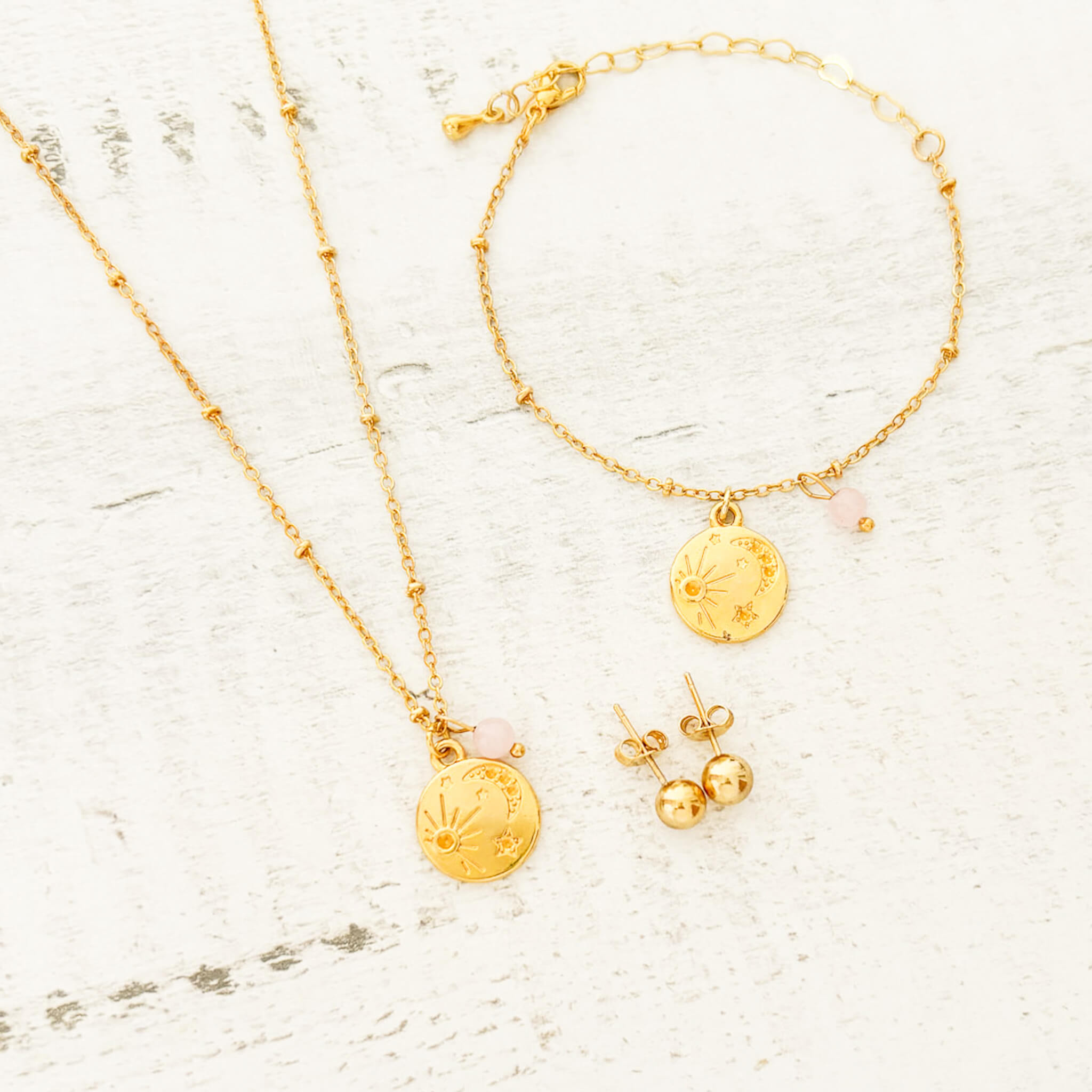 Set Cadena Universo Cuarzo Rosado + Pulsera Universo Cuarzo Rosado + Topos