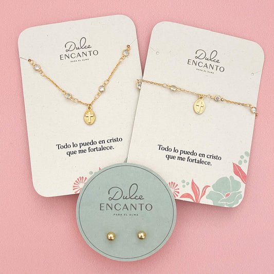 Set Cadena Cruz Zircón + Pulsera Cruz Zircón + Topos