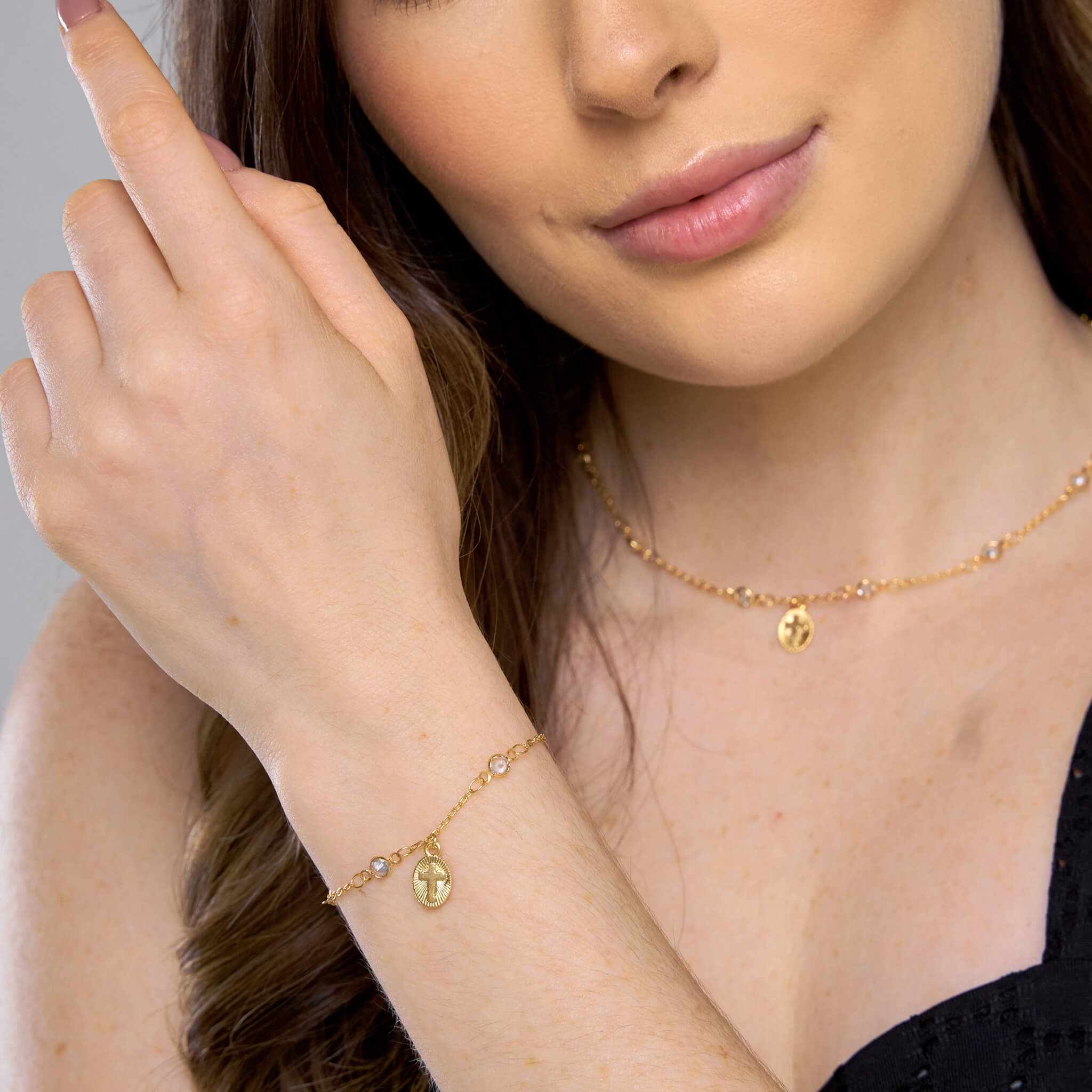 Set Cadena Cruz Zircón + Pulsera Cruz Zircón + Topos