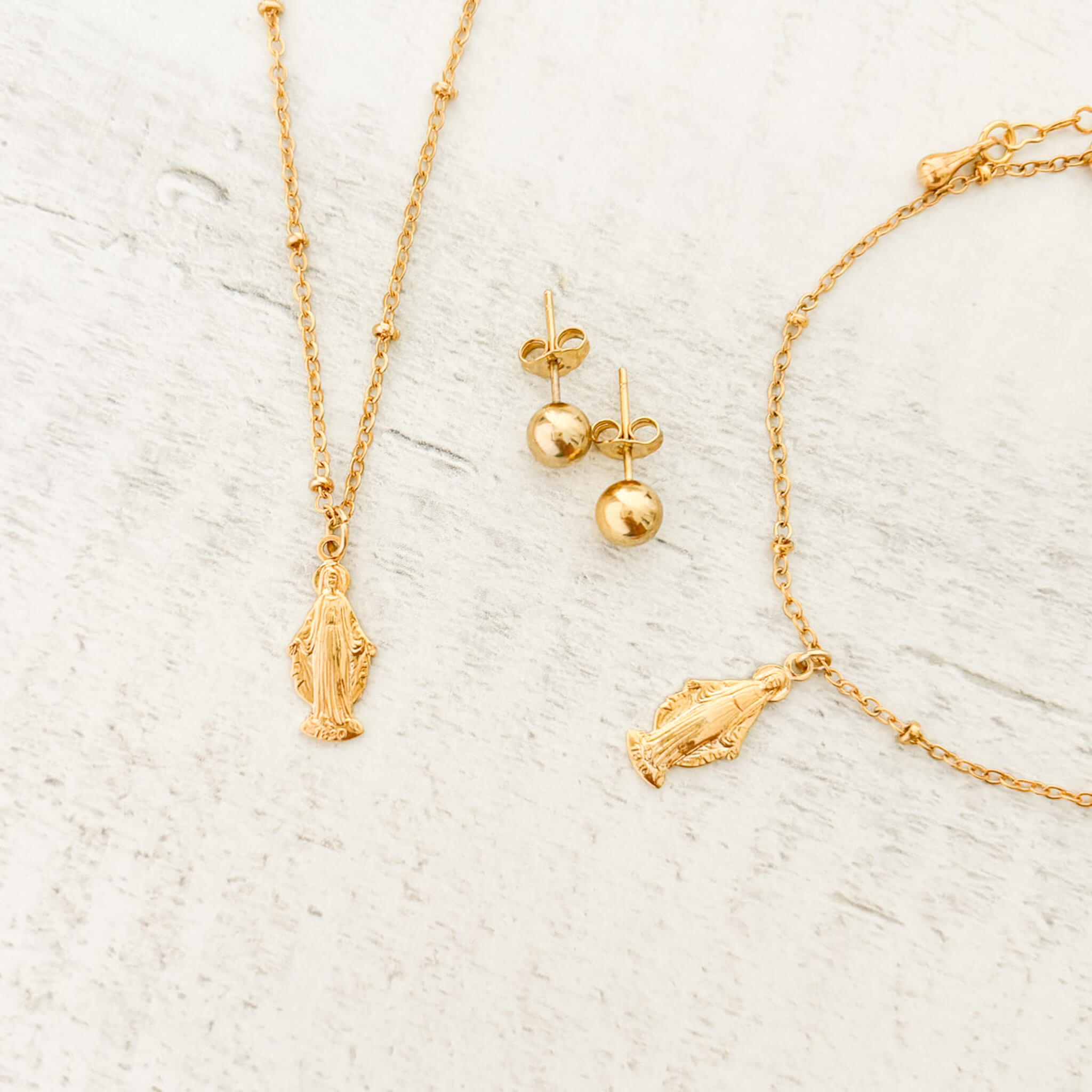 Set Cadena Virgen María Milagrosa + Pulsera Virgen María Milagrosa + Topos