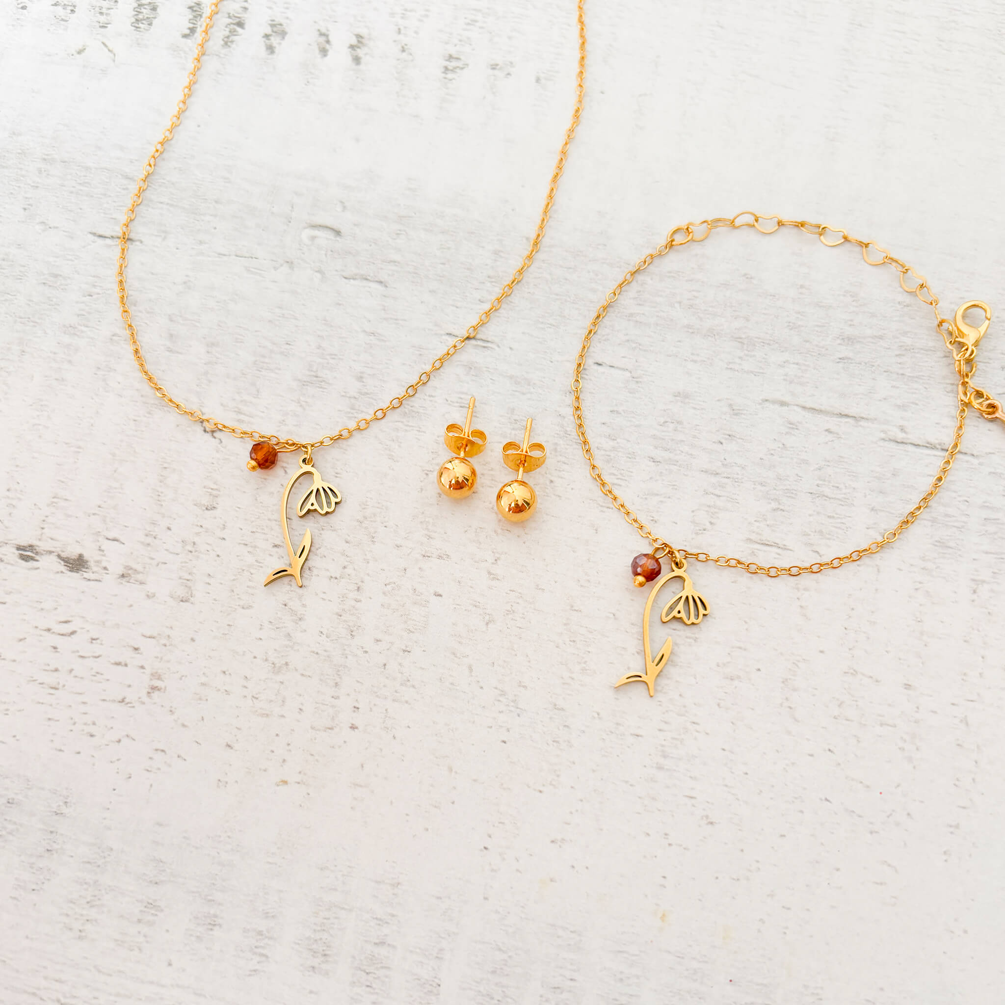 Set Cadena Enero Flor Campanilla Blanca + Pulsera Enero Flor Campanilla Blanca + Topos