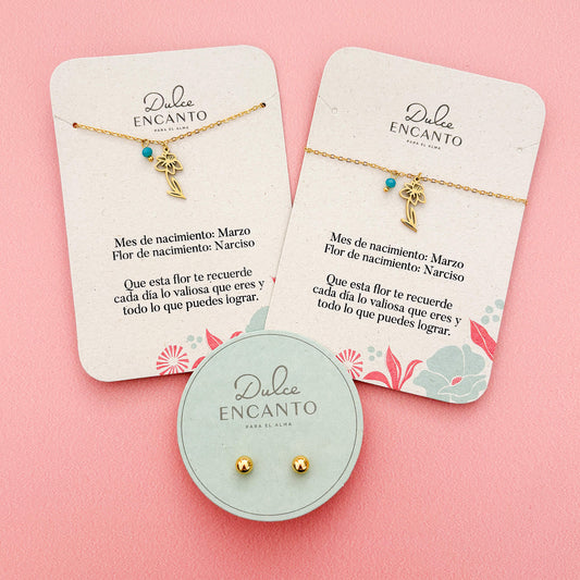 Set Cadena Marzo Flor Narciso + Pulsera Marzo Flor Narciso + Topos