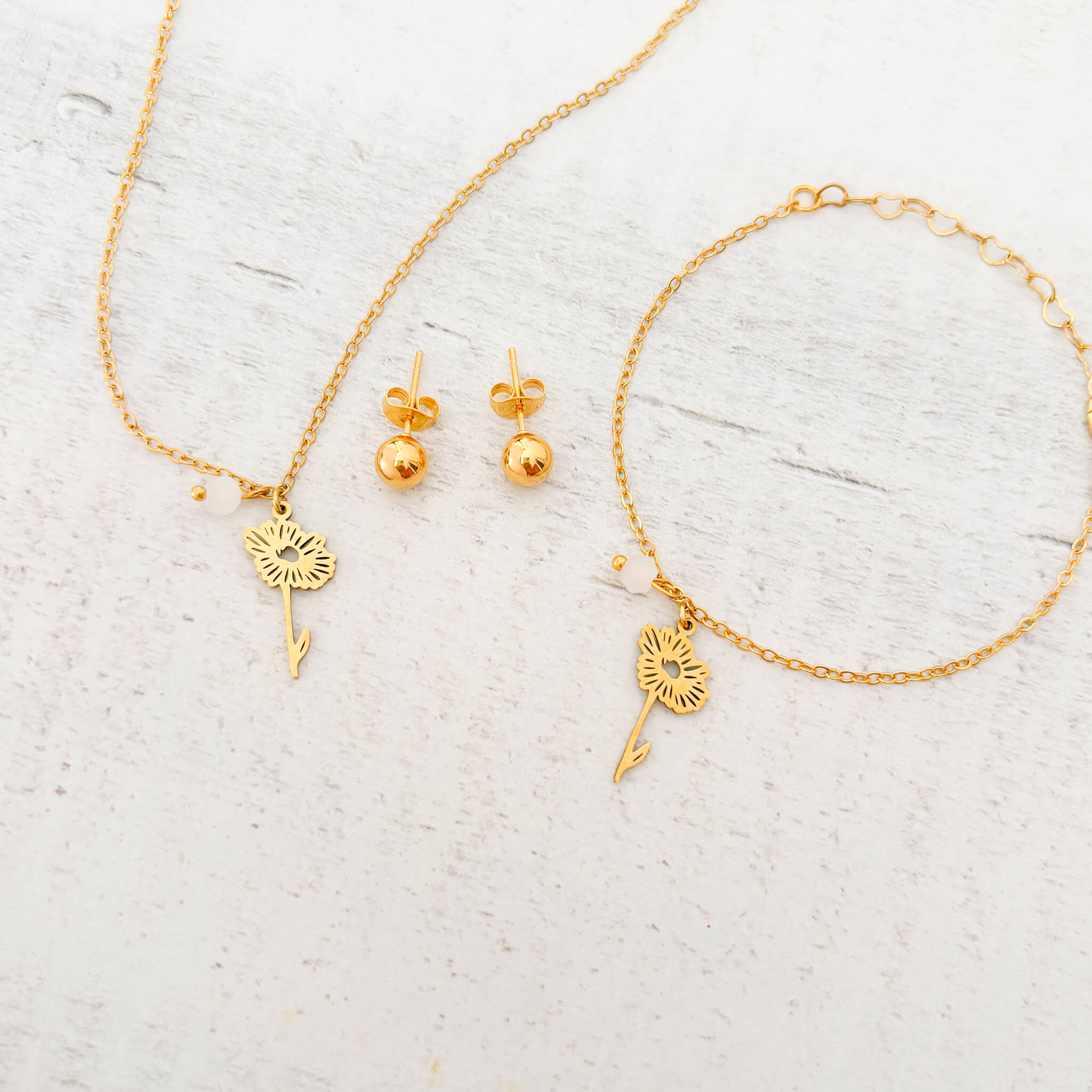 Set Cadena Abril Flor Margarita + Pulsera Abril Flor Margarita + Topos