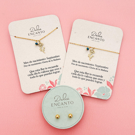 Set Cadena Septiembre Flor Gloria de la Mañana + Pulsera Septiembre Flor Gloria de la Mañana + Topos