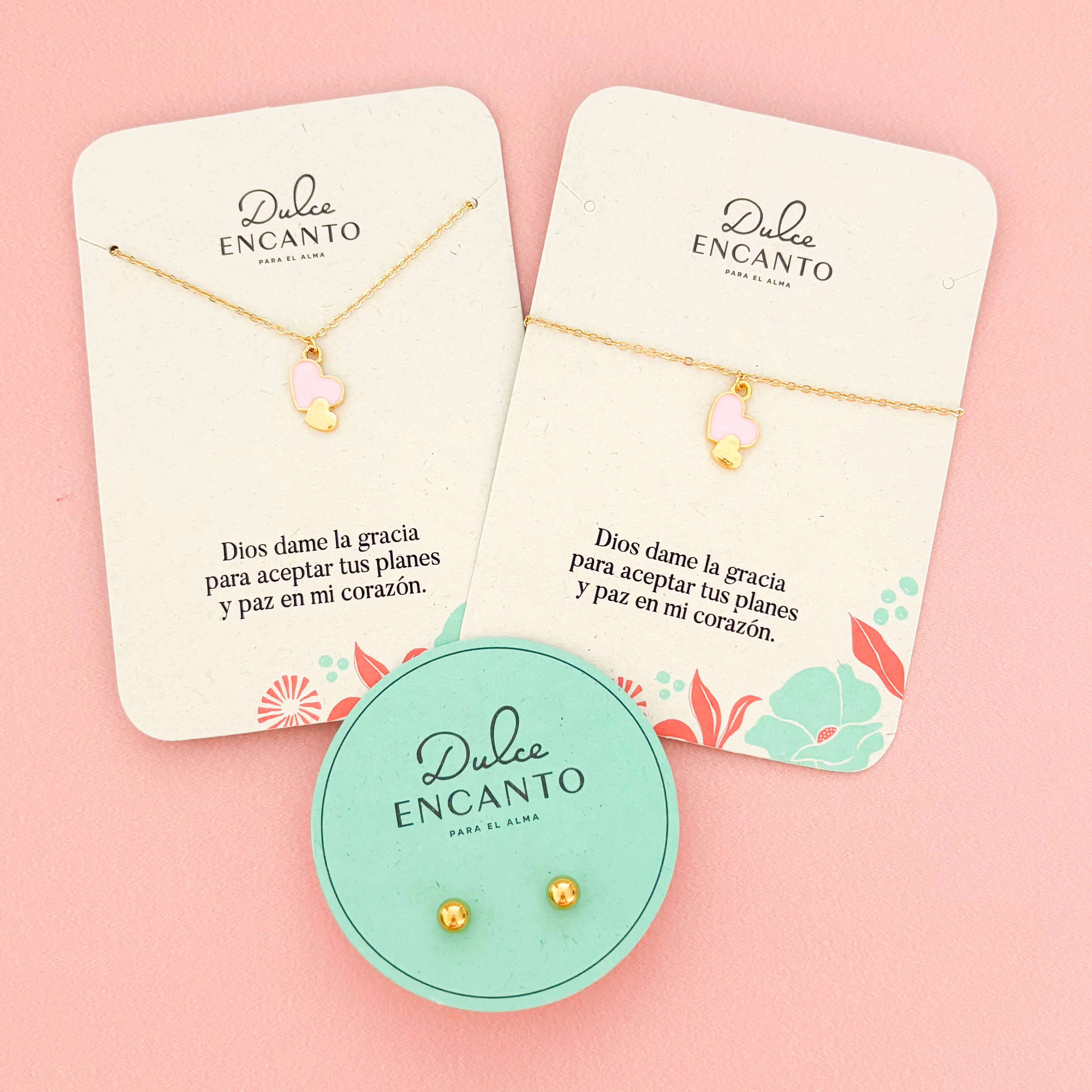 Set Cadena 2 Corazones Rosado-Dorado + Pulsera 2 Corazones Rosado-Dorado + topos