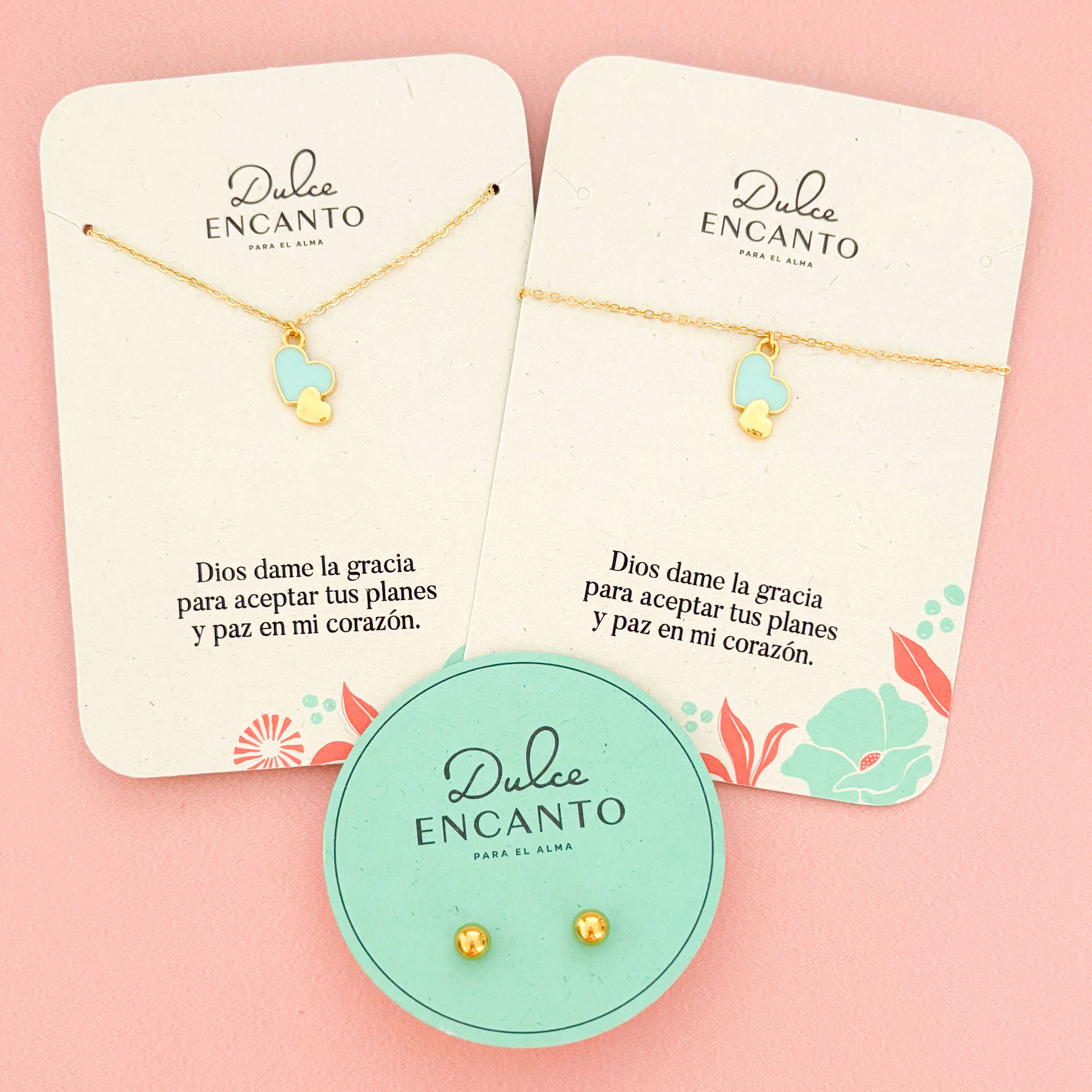 Set Cadena 2 Corazones Azul-Dorado + Pulsera 2 Corazones Azul-Dorado + topos