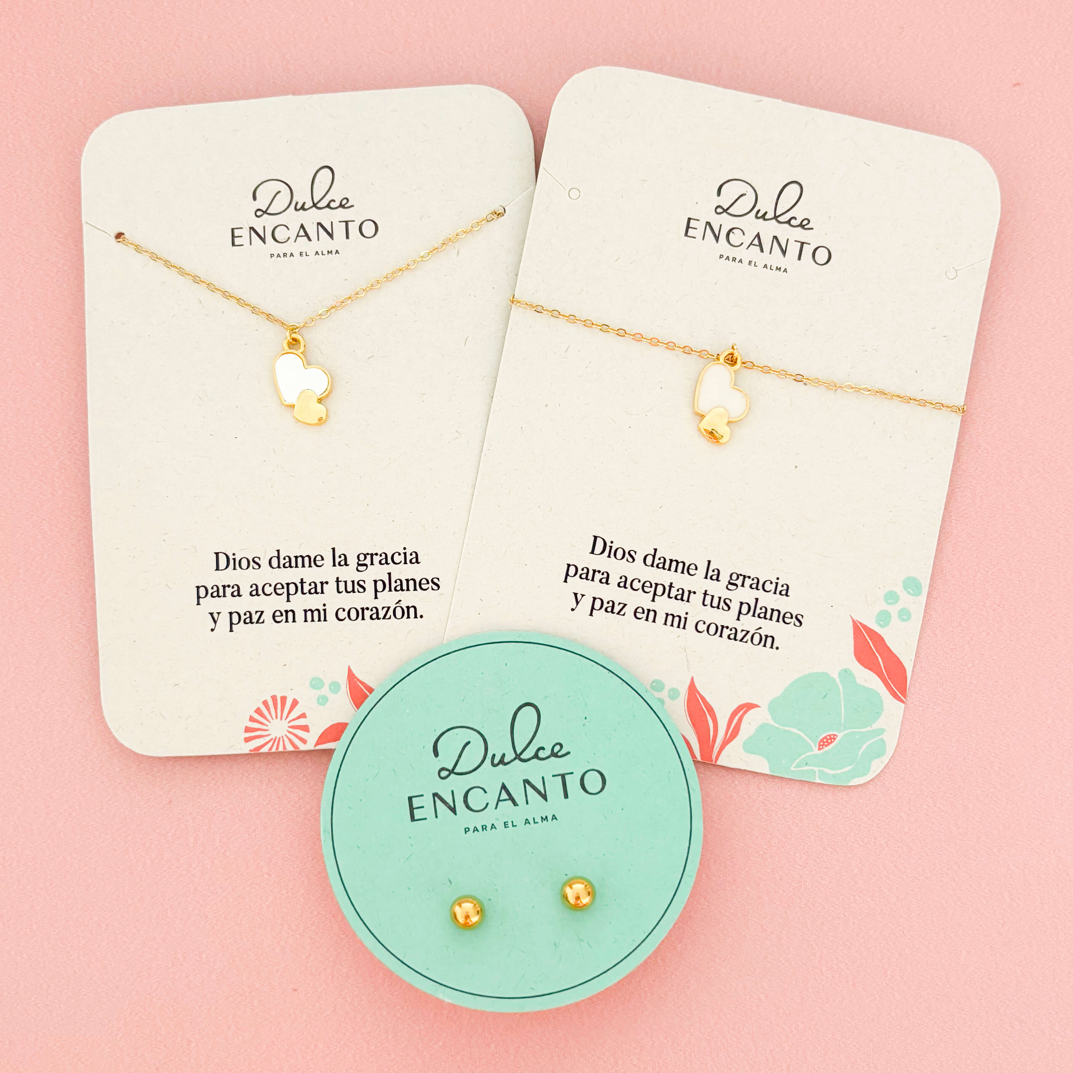 Set Cadena 2 Corazones Blanco-Dorado + Pulsera 2 Corazones Blanco-Dorado + topos