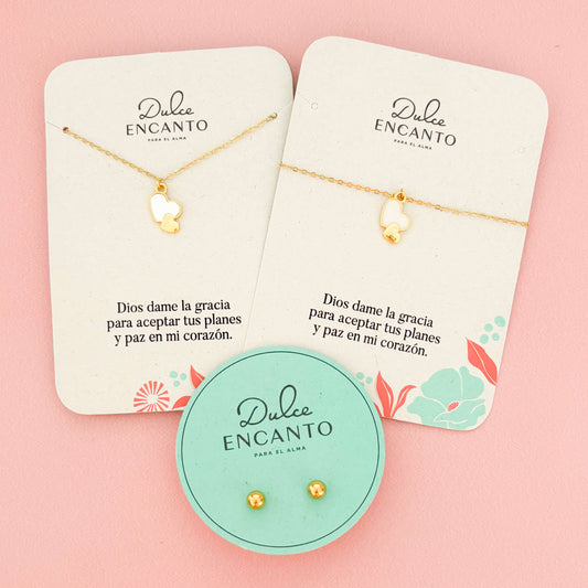 Set Cadena 2 Corazones Blanco-Dorado + Pulsera 2 Corazones Blanco-Dorado + topos