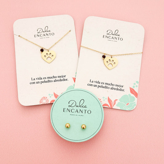 Set Cadena Huella Mascota Corazón + Pulsera Huella Mascota Corazón + topos