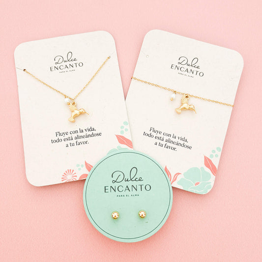 Set Cadena Colibrí Perla + Pulsera Colibrí Perla+ Topos