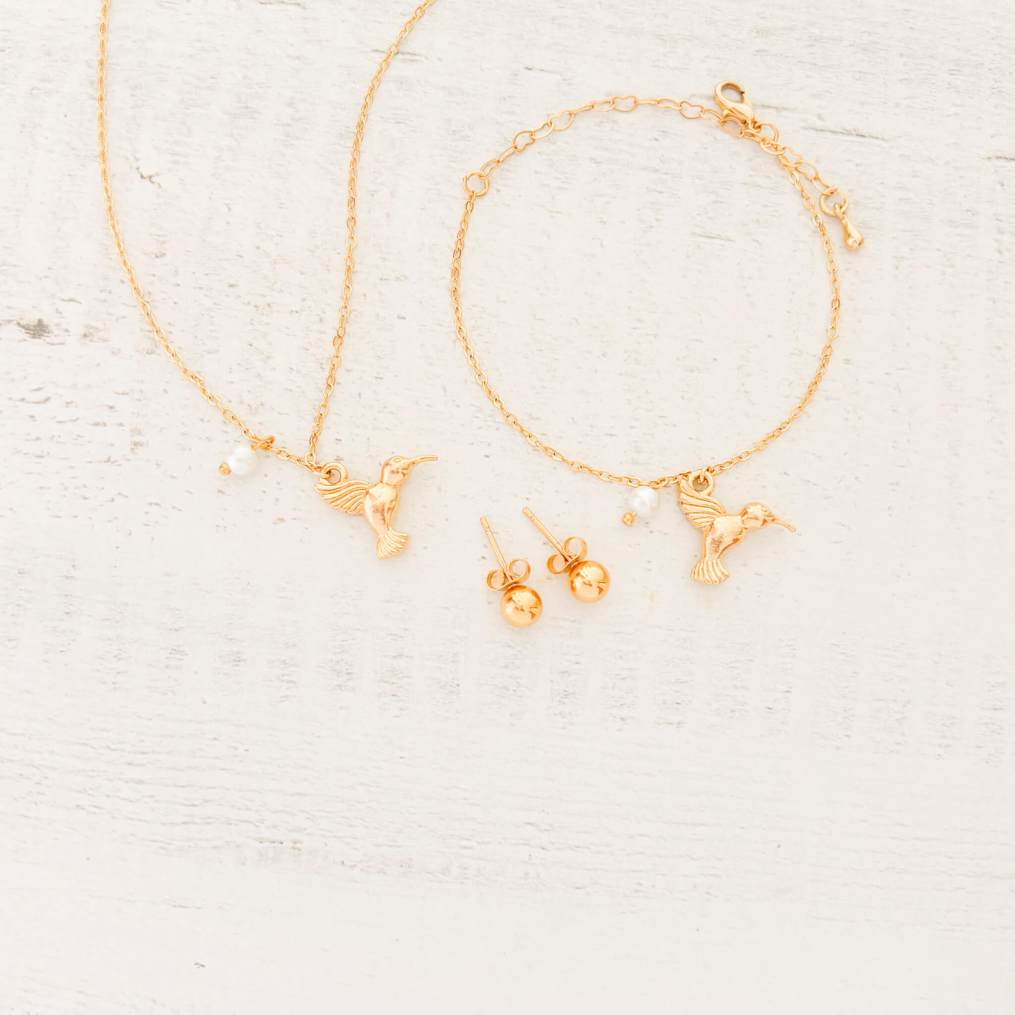 Set Cadena Colibrí Perla + Pulsera Colibrí Perla+ Topos