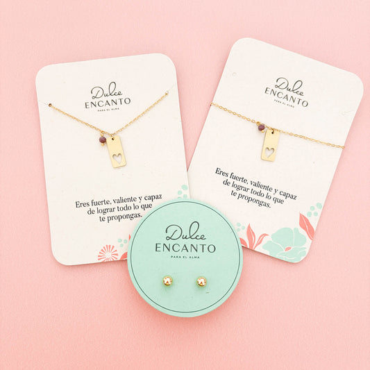 Set Cadena Placa Corazón Calado + Pulsera Placa Corazón Calado + Topos