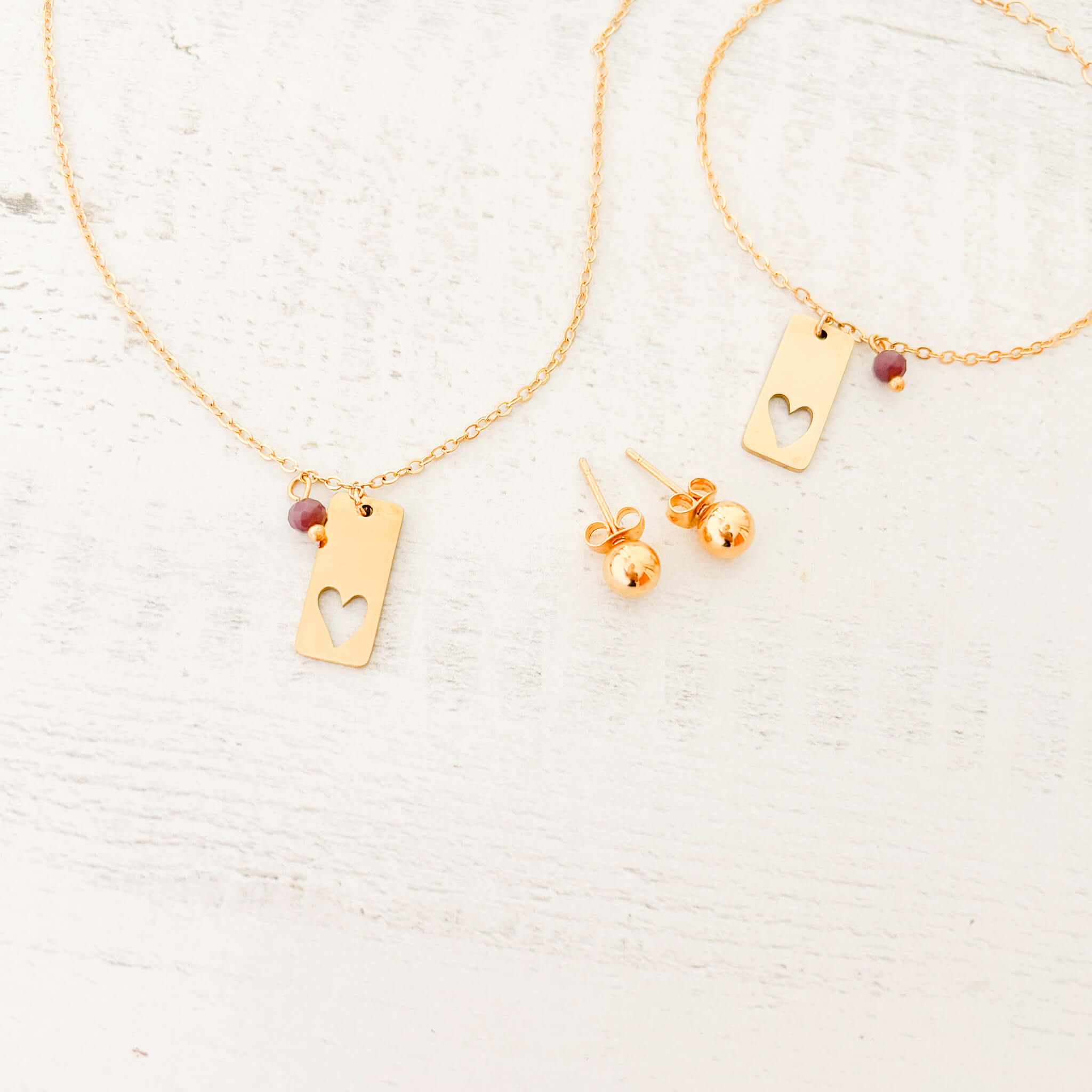 Set Cadena Placa Corazón Calado + Pulsera Placa Corazón Calado + Topos