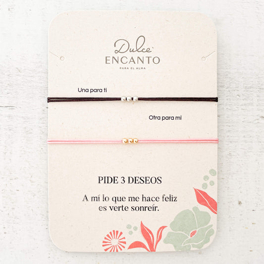 Pulsera Parejas 3 Deseos Hilo Rosado Negro